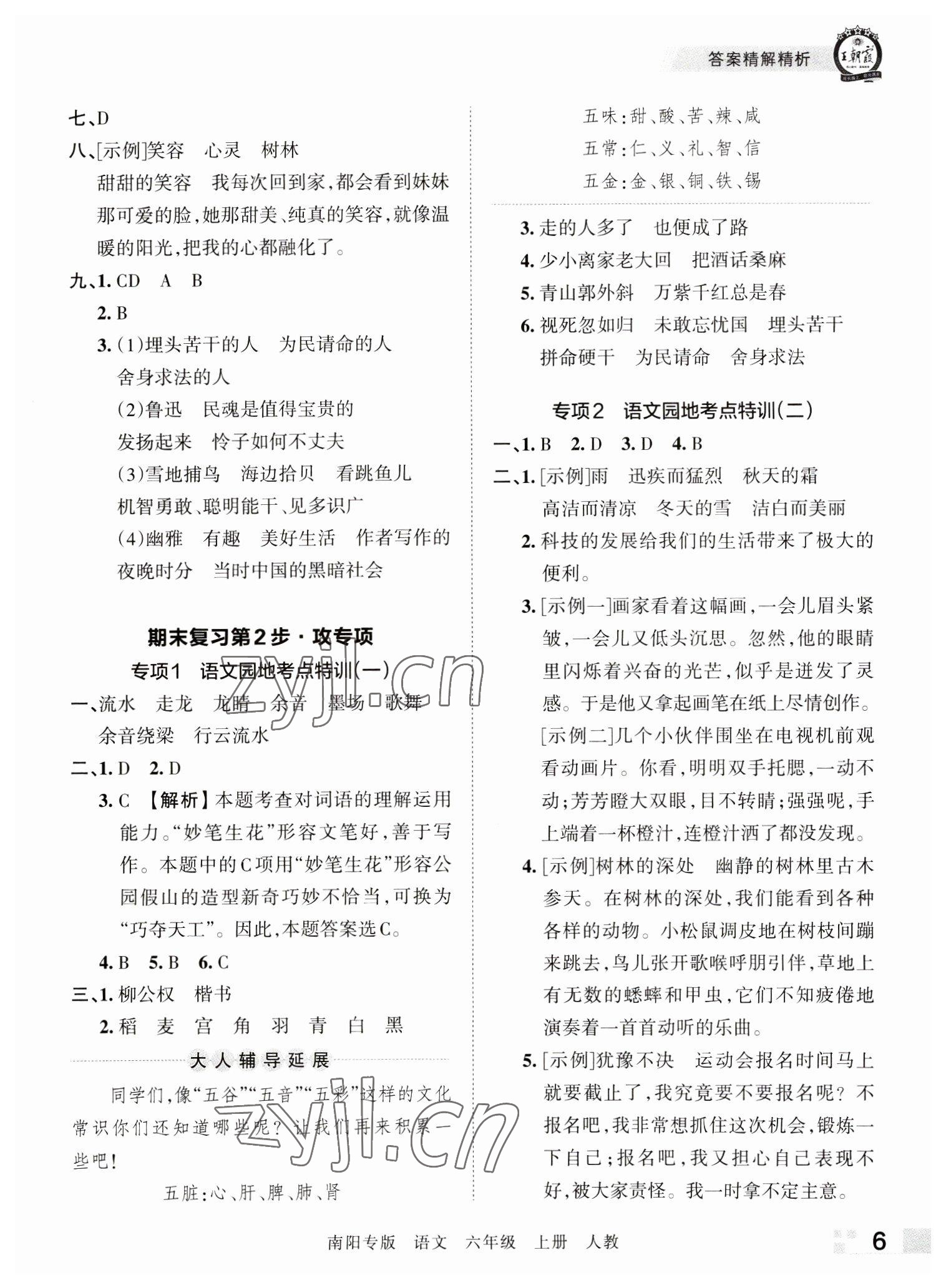 2022年王朝霞期末真題精編六年級語文上冊人教版南陽專版 參考答案第6頁