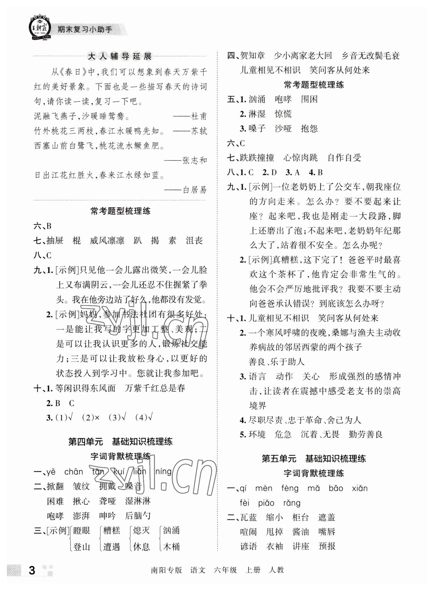 2022年王朝霞期末真題精編六年級語文上冊人教版南陽專版 參考答案第3頁