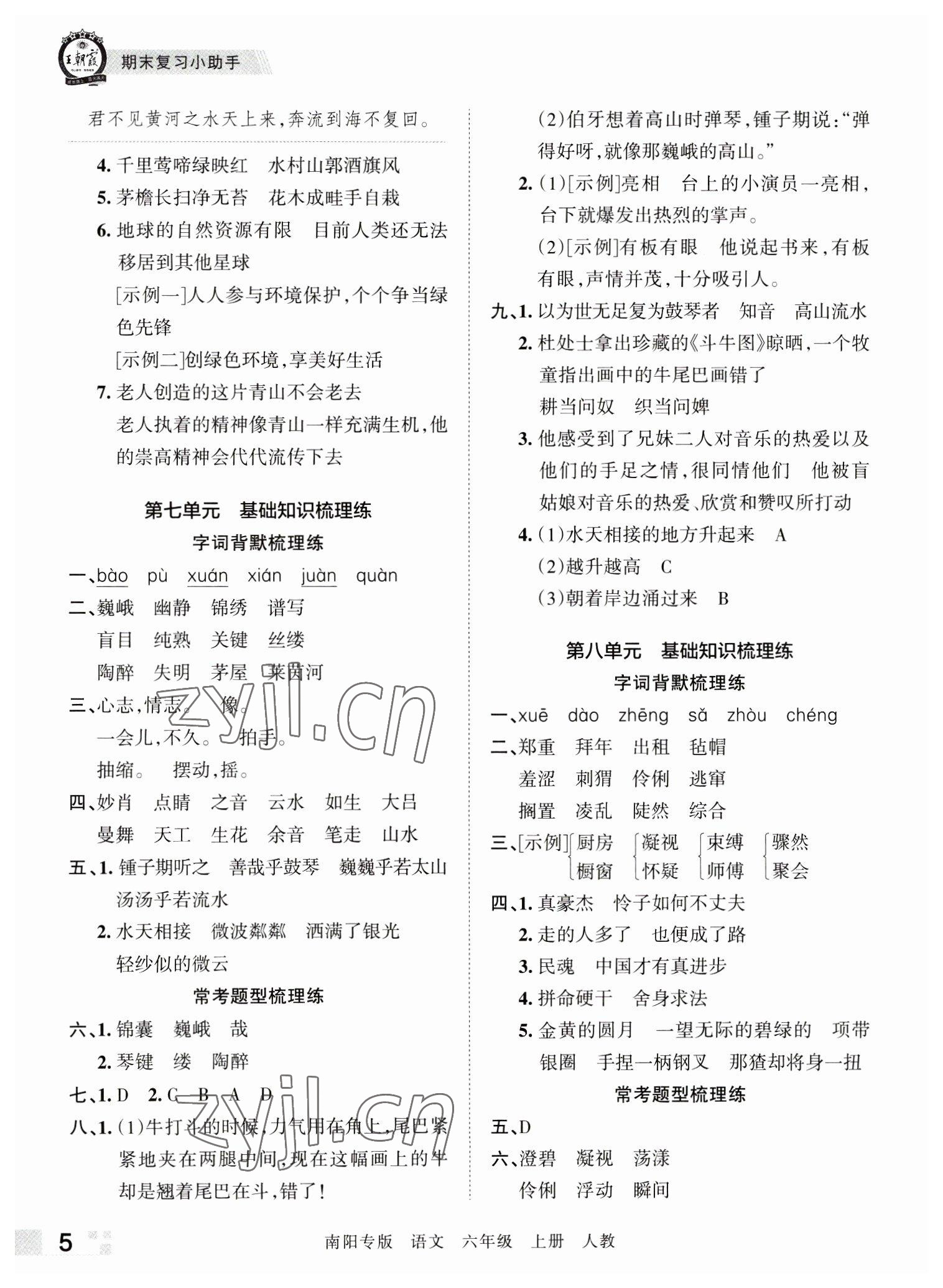 2022年王朝霞期末真題精編六年級(jí)語(yǔ)文上冊(cè)人教版南陽(yáng)專版 參考答案第5頁(yè)