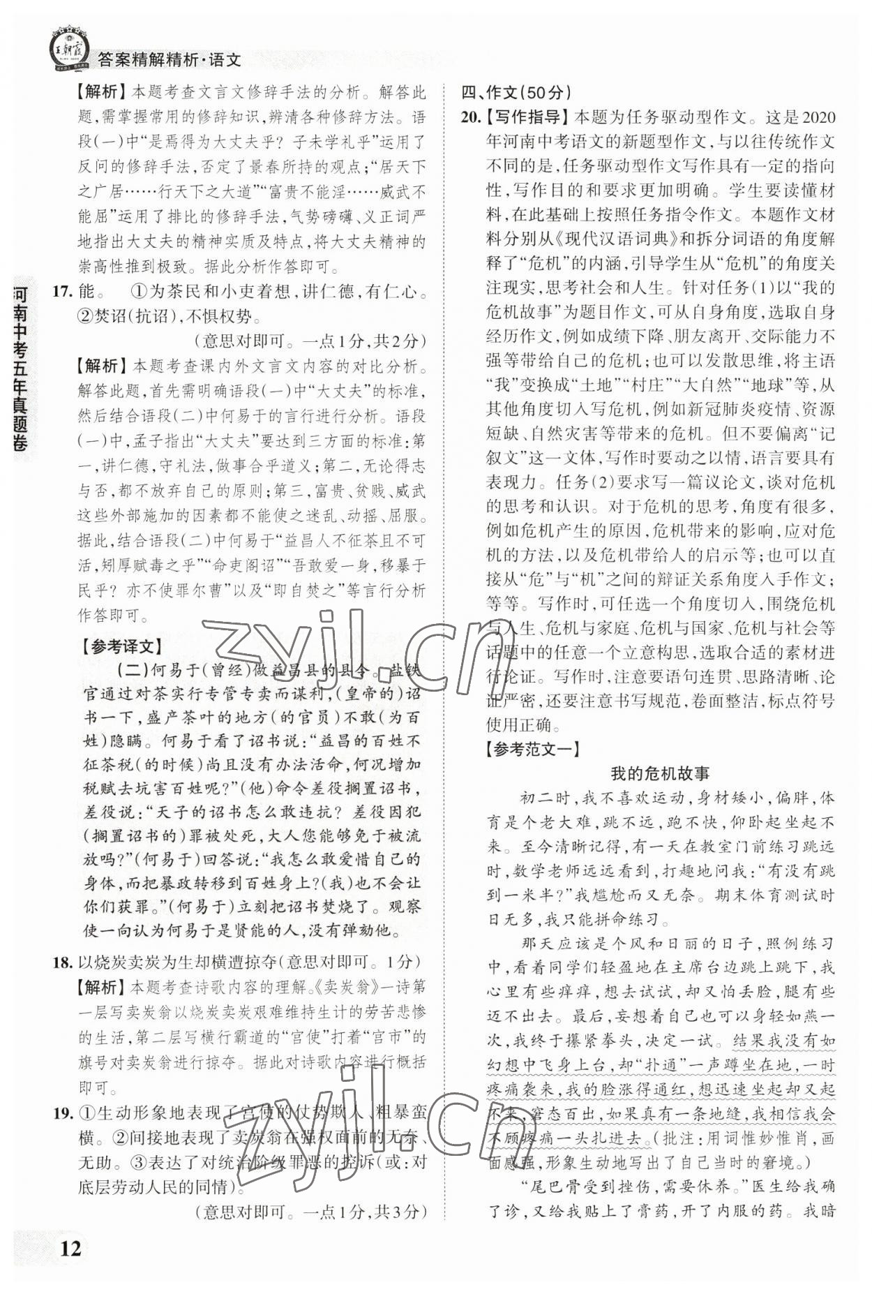 2023年王朝霞中考真题精编语文河南中考 参考答案第12页