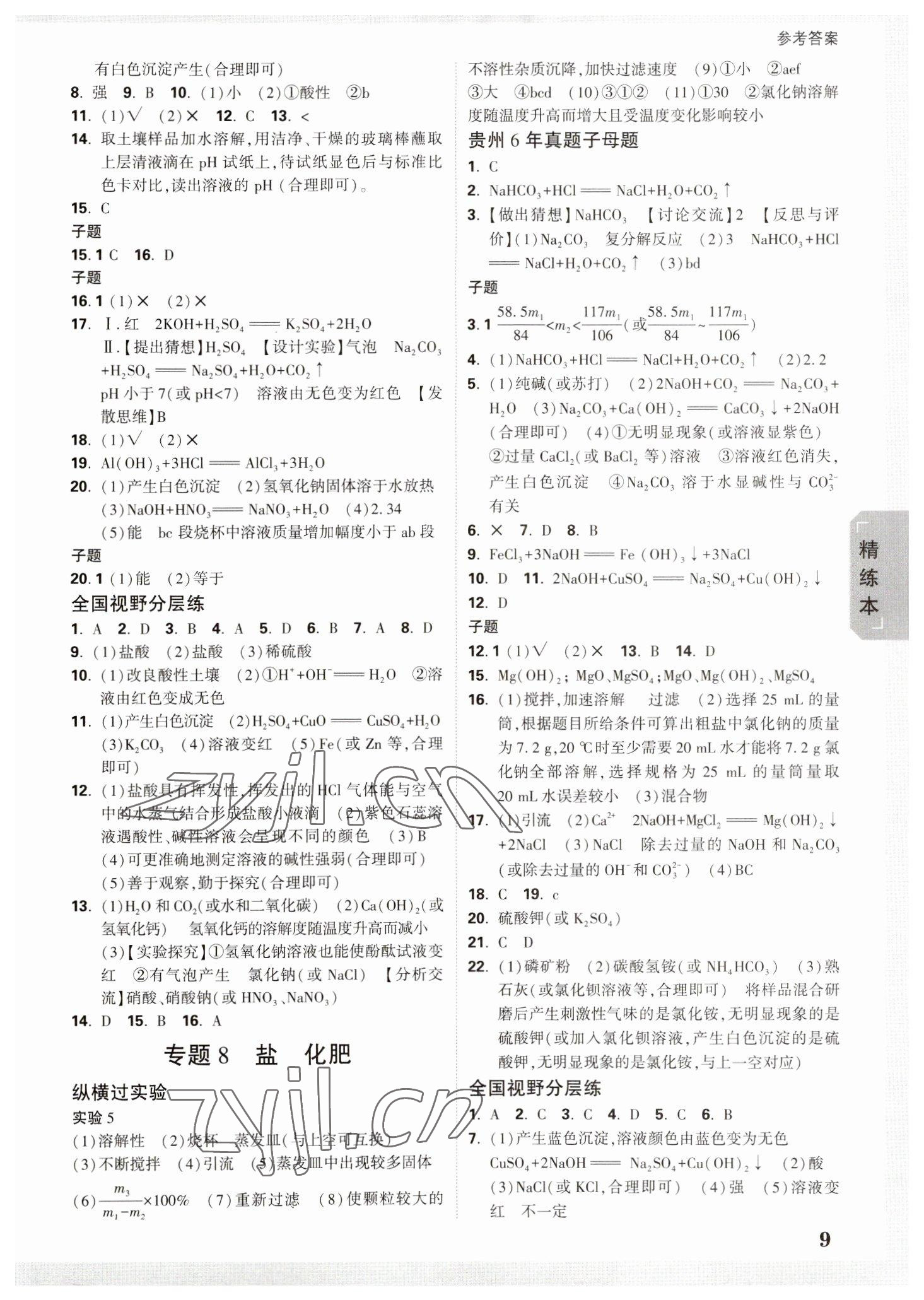 2023年万唯中考试题研究化学贵州专版 参考答案第8页
