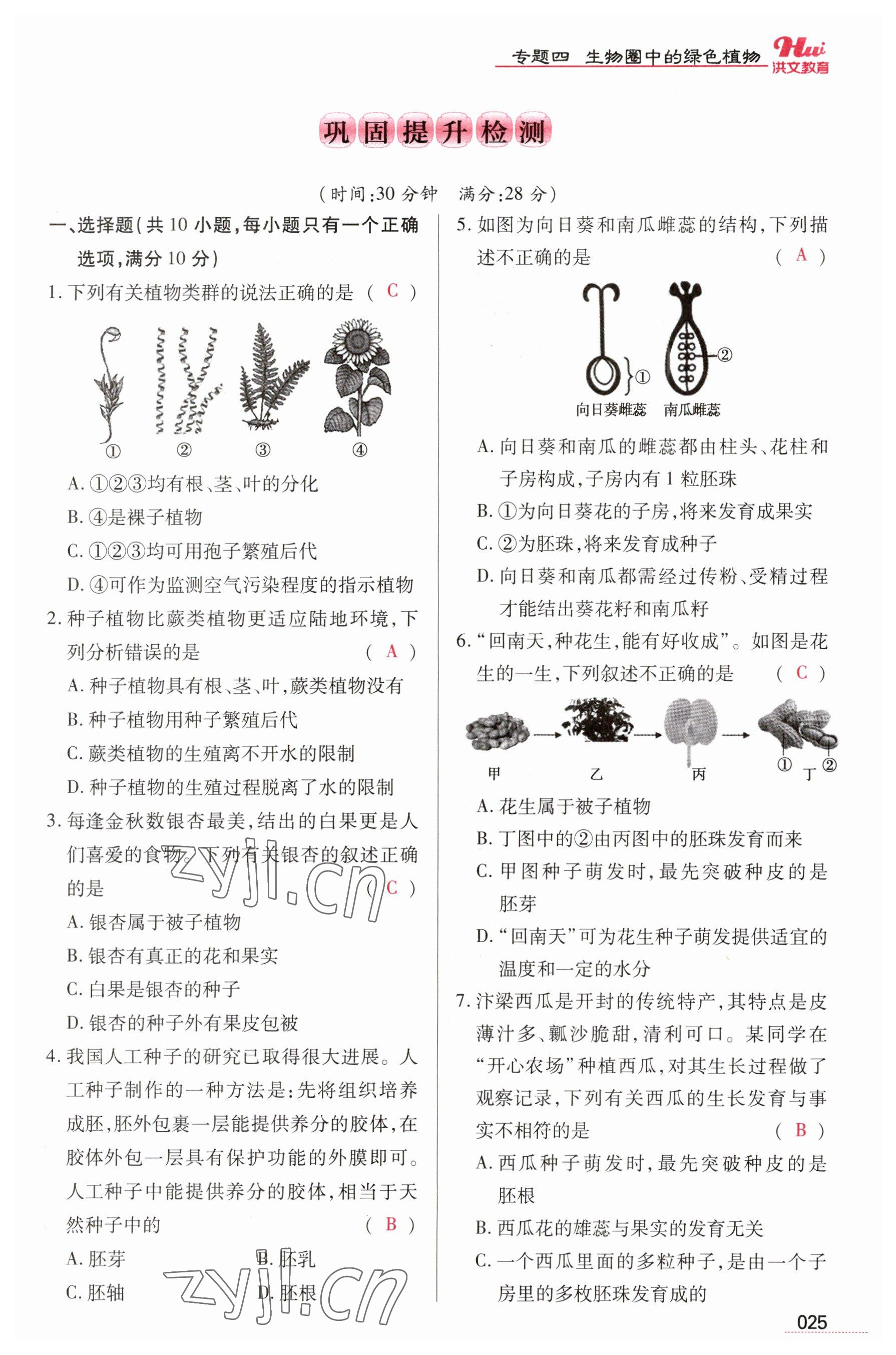 2023年洪文教育最新中考生物河南專版 參考答案第25頁