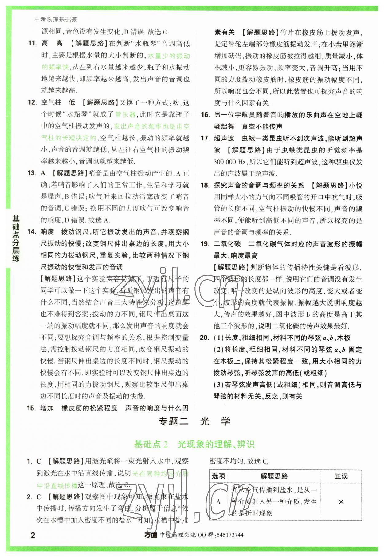 2023年万唯中考物理基础题 参考答案第2页