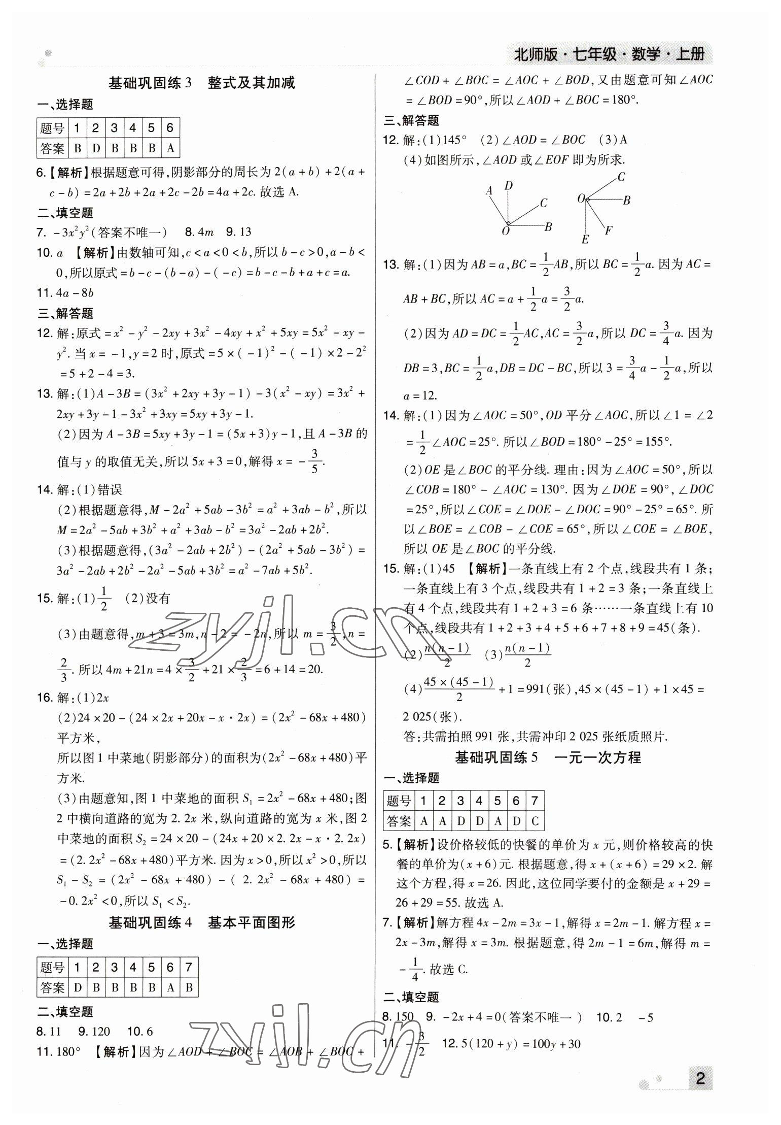 2022年期末考试必刷卷七年级数学上册北师大版郑州专版 参考答案第2页