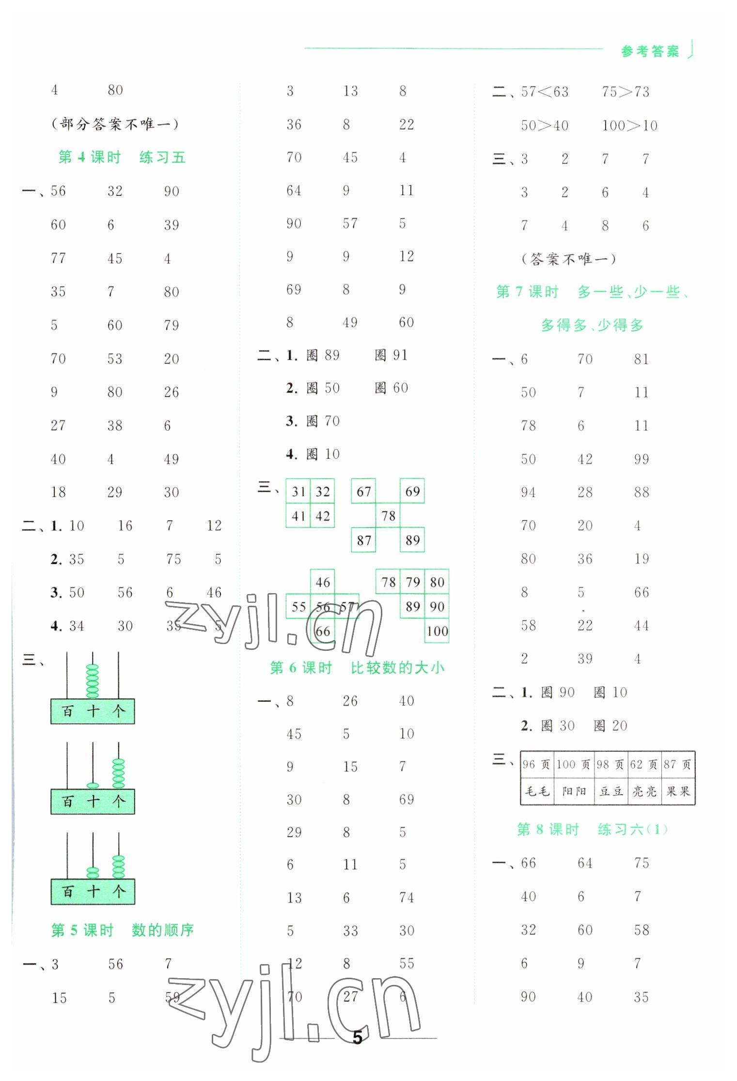 2023年亮点给力计算天天练一年级数学下册苏教版 参考答案第5页