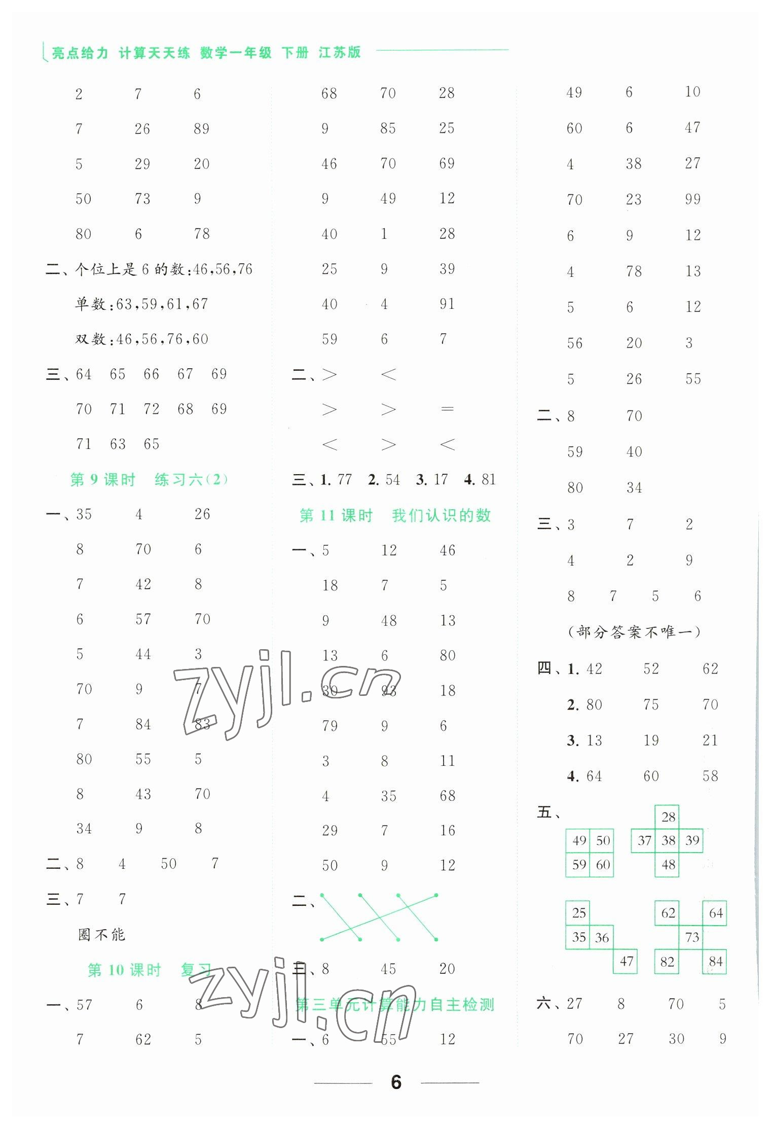 2023年亮点给力计算天天练一年级数学下册苏教版 参考答案第6页