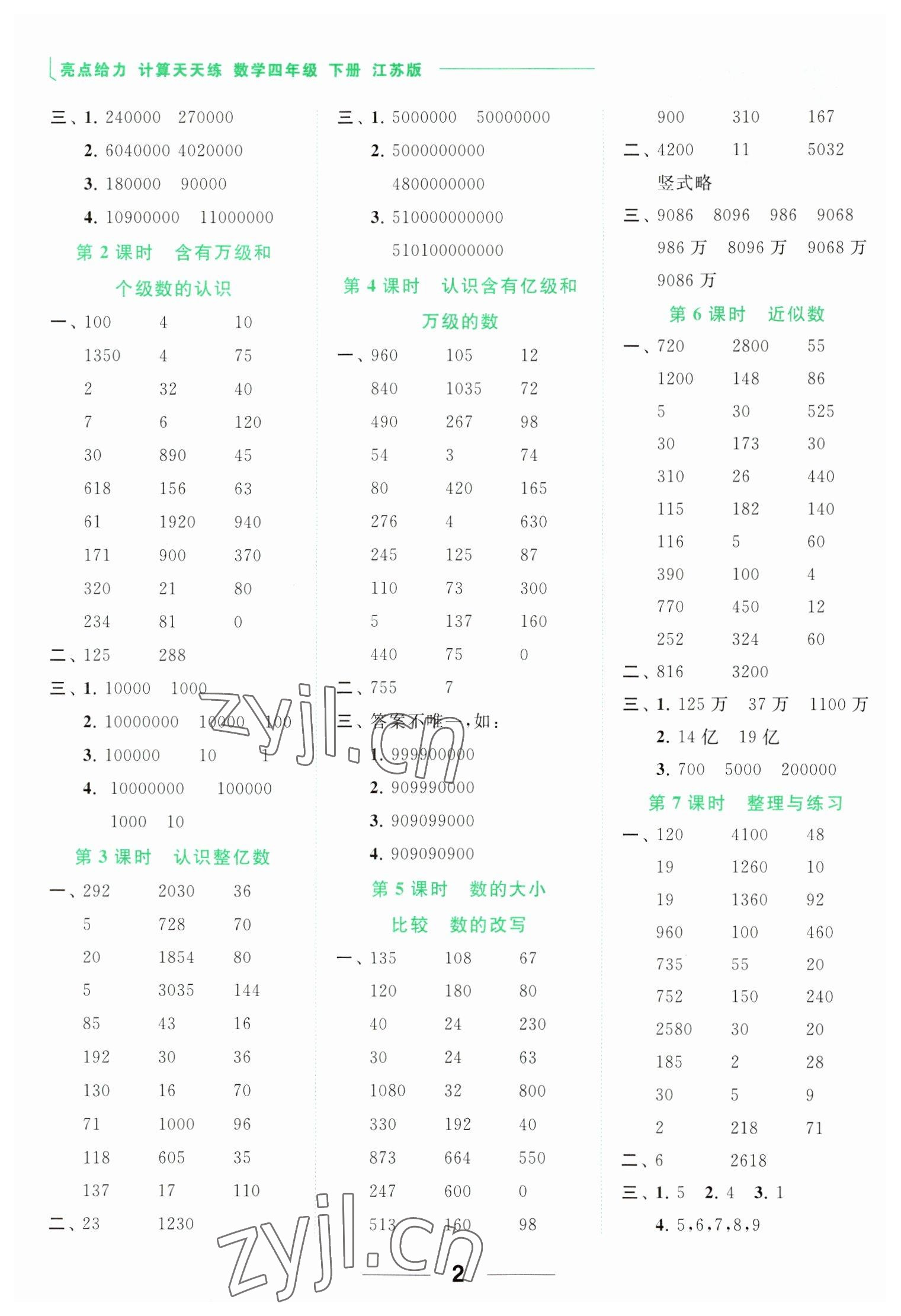 2023年亮点给力计算天天练四年级数学下册苏教版 参考答案第2页