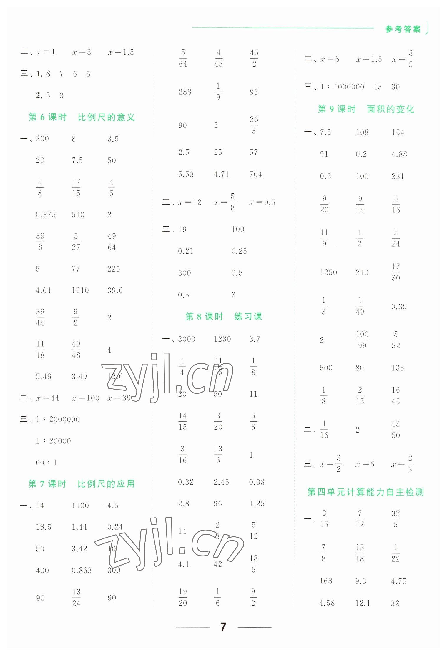 2023年亮点给力计算天天练六年级数学下册苏教版 参考答案第7页