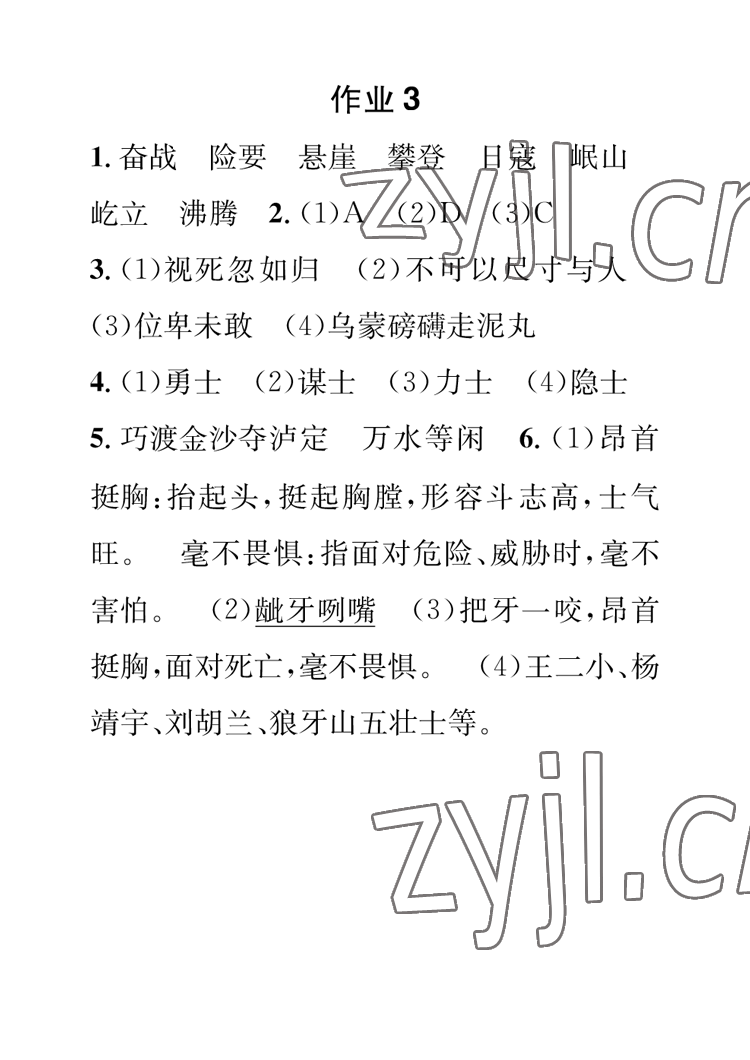 2023年长江寒假作业崇文书局六年级语文人教版 参考答案第3页