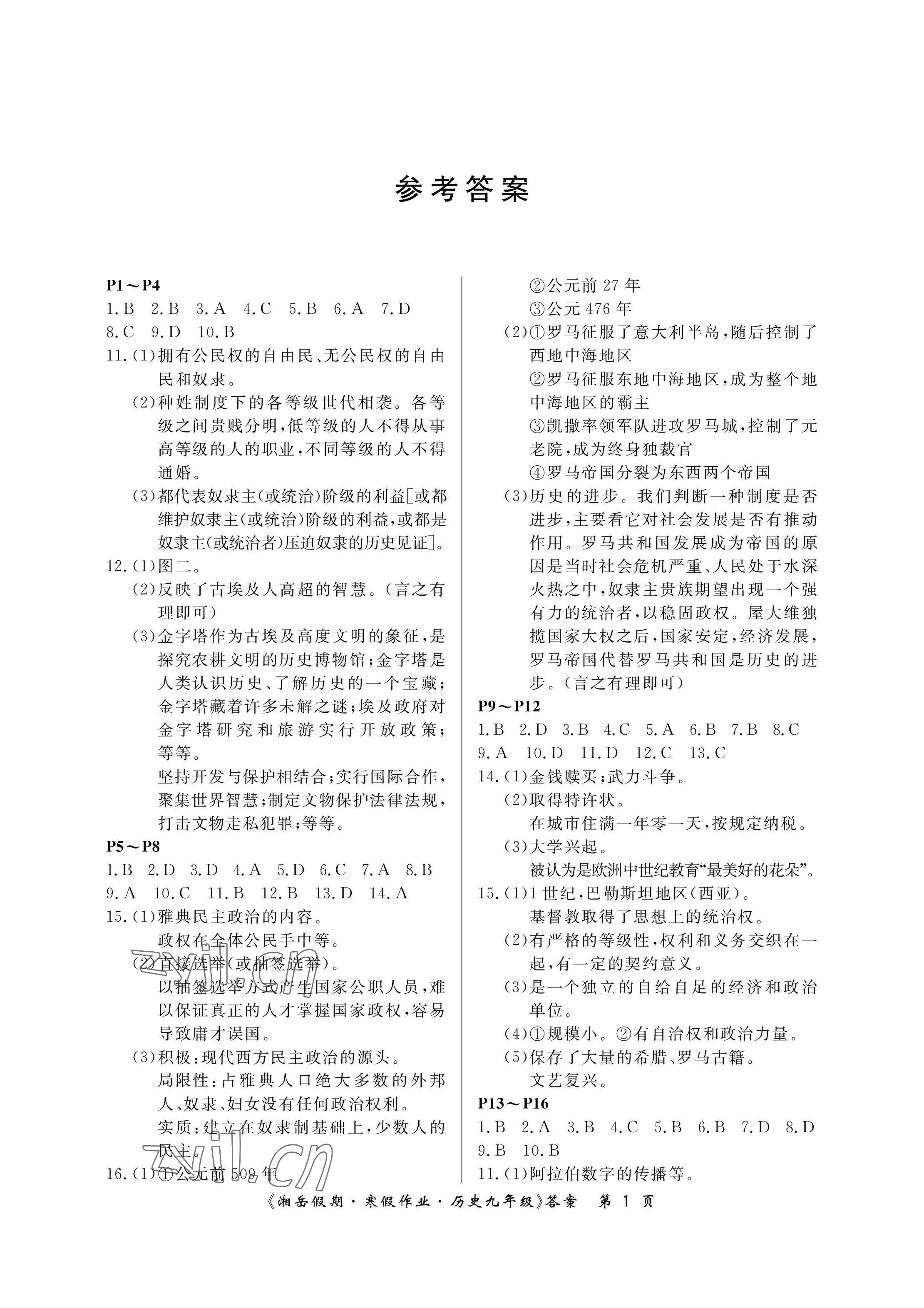 2023年湘岳假期寒假作业九年级历史人教版第三版 参考答案第1页