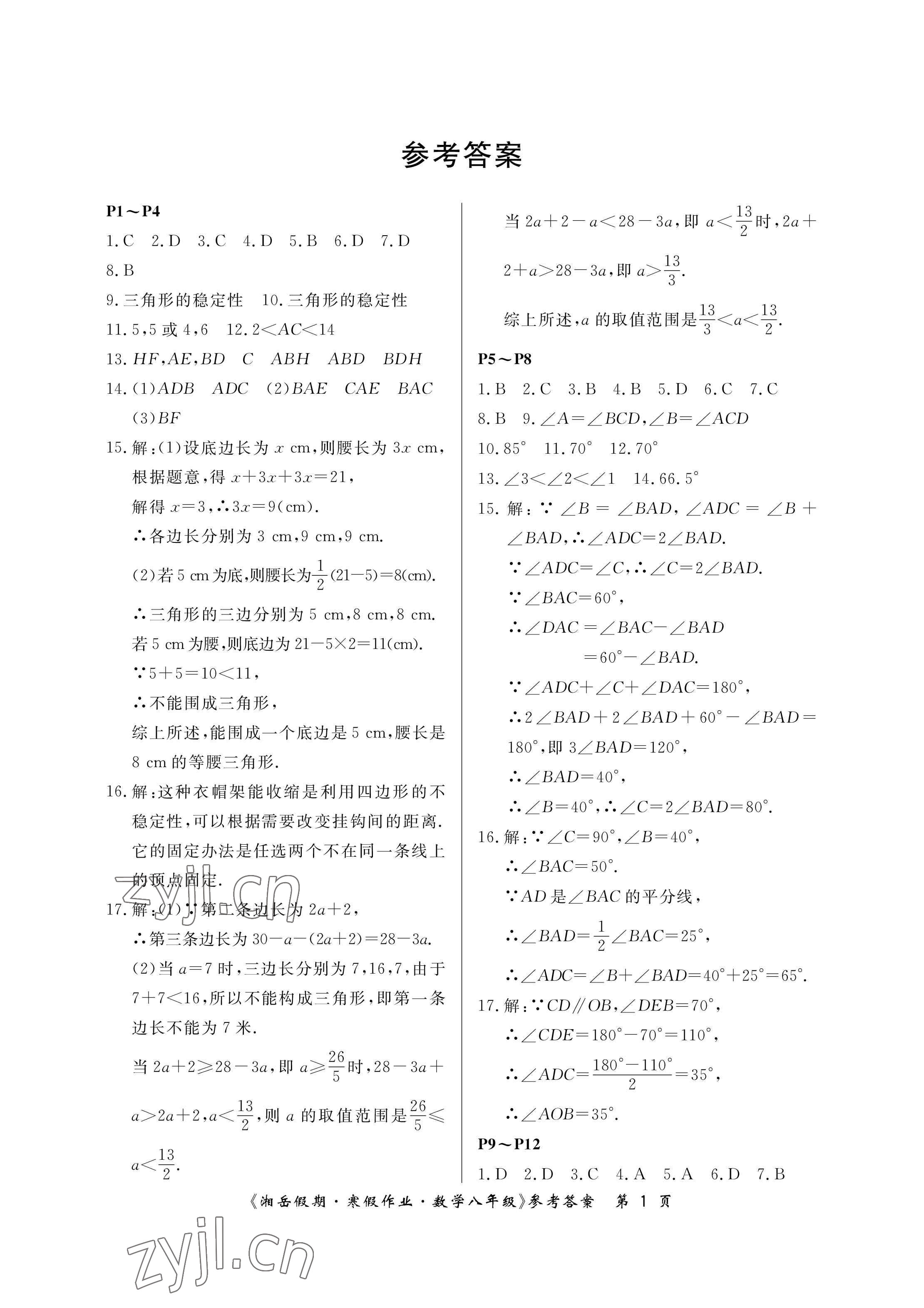 2023年湘岳假期寒假作业八年级数学人教版第三版 参考答案第1页