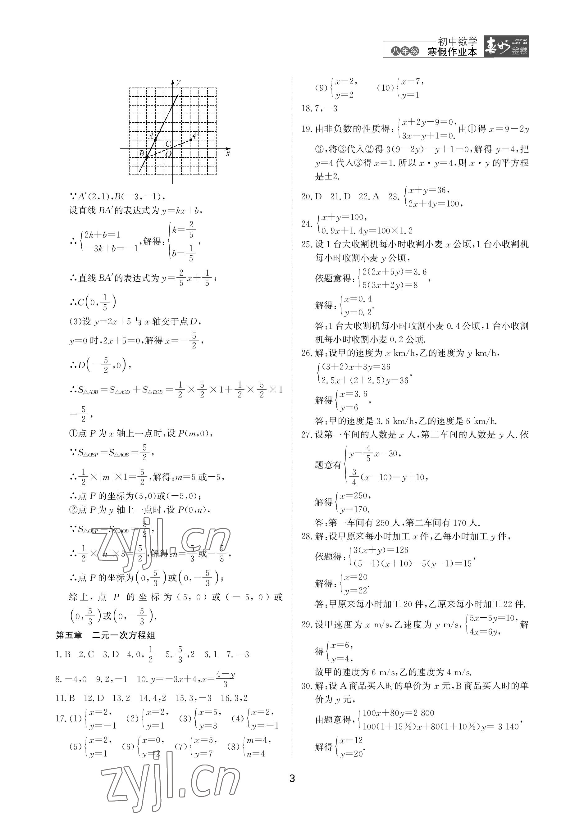 2023年春如金卷数学寒假作业本八年级 参考答案第3页