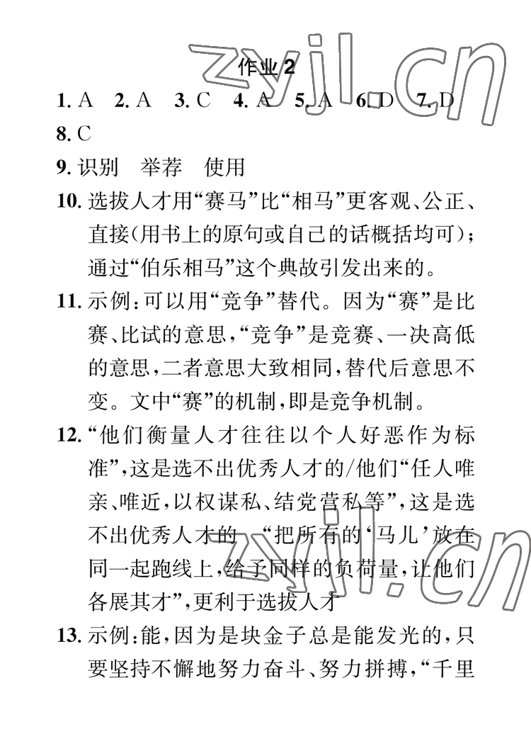 2023年长江寒假作业崇文书局九年级语文 参考答案第2页