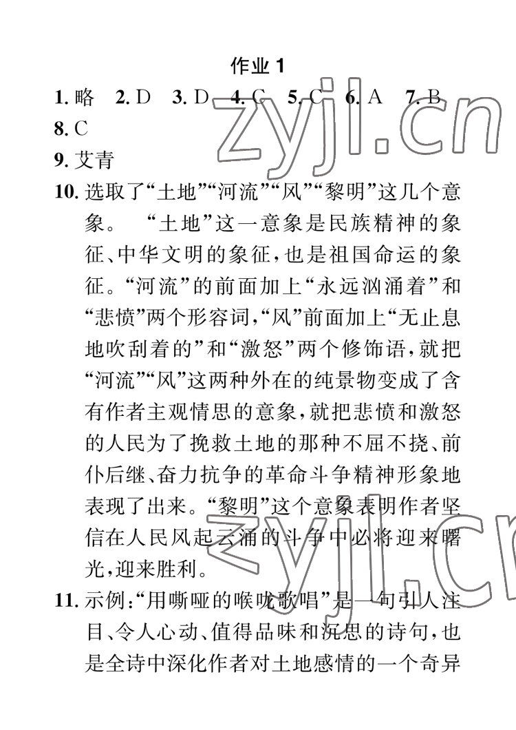 2023年长江寒假作业崇文书局九年级语文 参考答案第1页