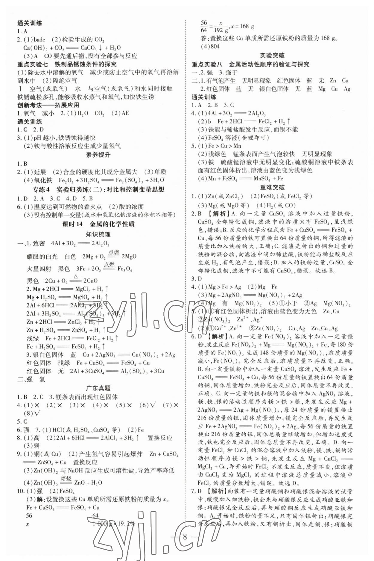 2023年领跑中考化学广东专版 参考答案第8页