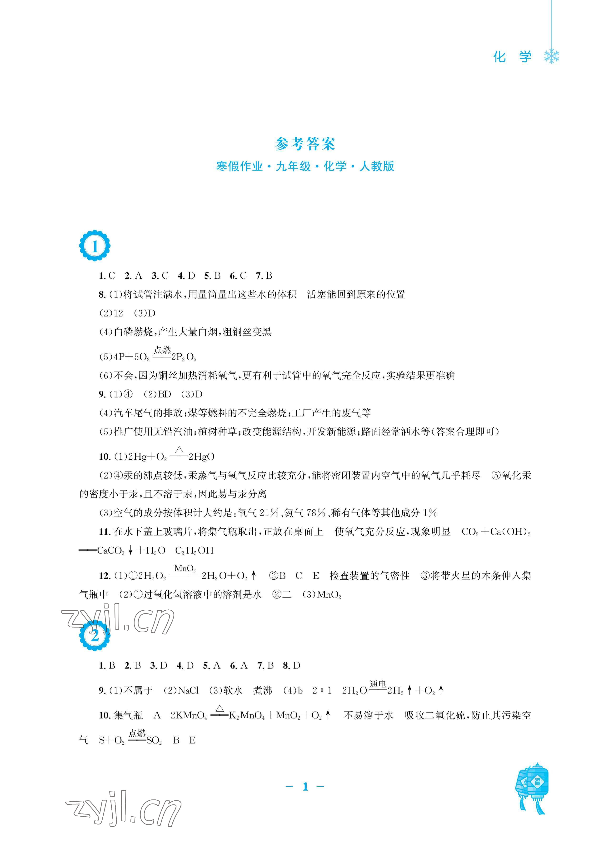 2023年寒假作业安徽教育出版社九年级化学人教版 参考答案第1页