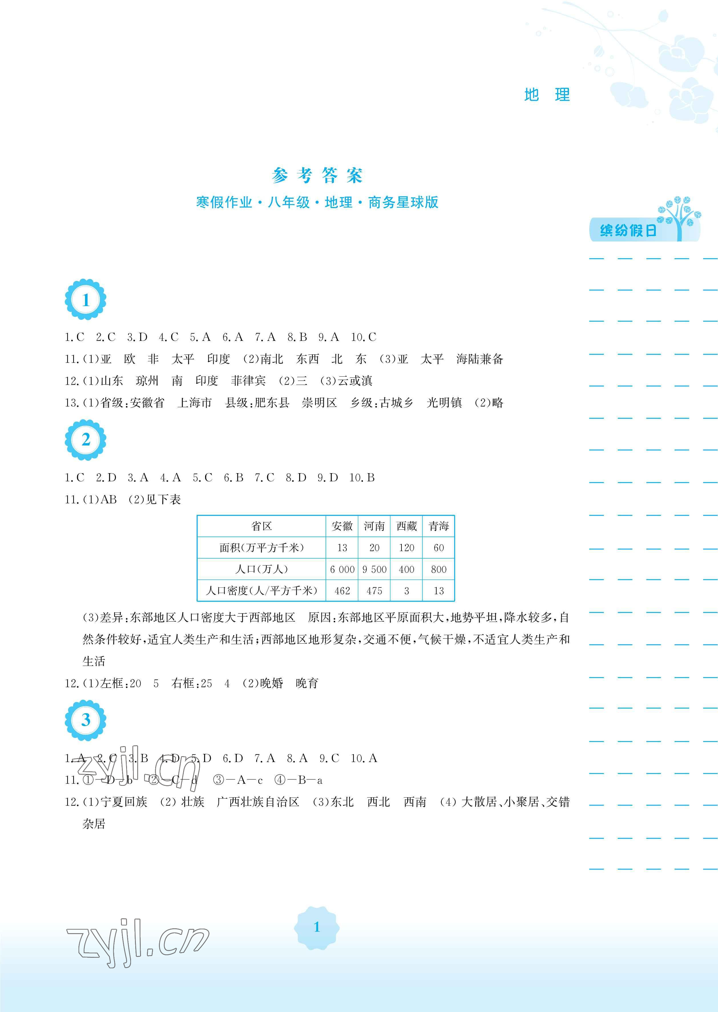 2023年寒假生活安徽教育出版社八年級地理商務(wù)星球版 參考答案第1頁