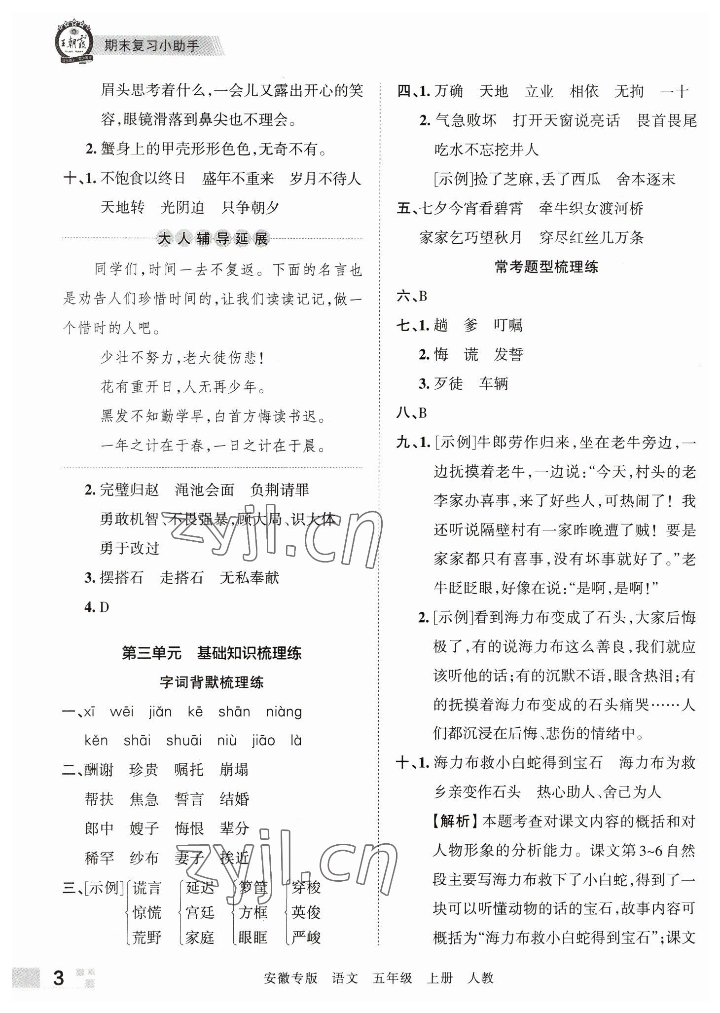 2022年王朝霞期末试卷研究五年级语文上册人教版安徽专版 参考答案第3页