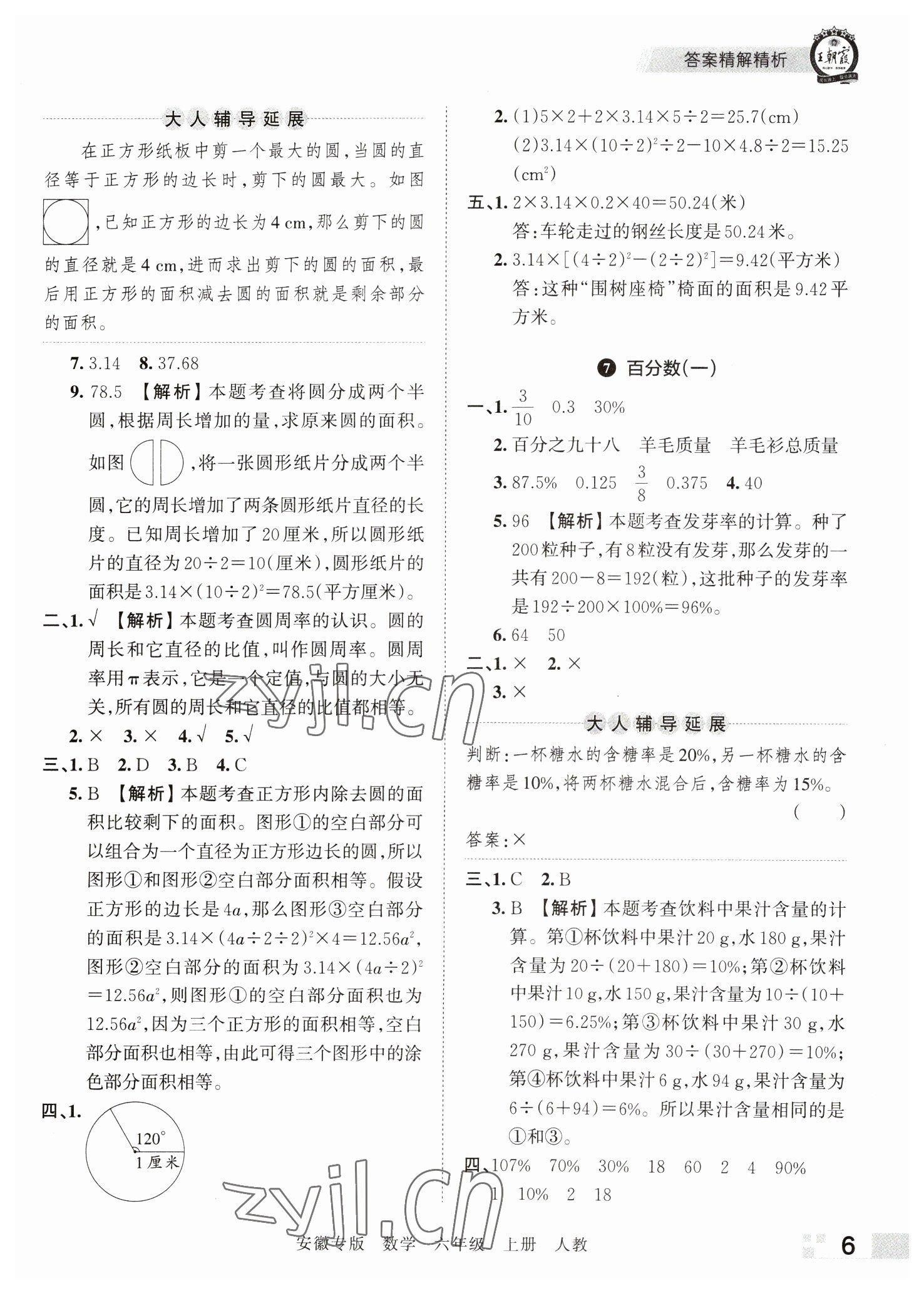 2022年王朝霞期末试卷研究六年级数学上册人教版安徽专版 参考答案第6页