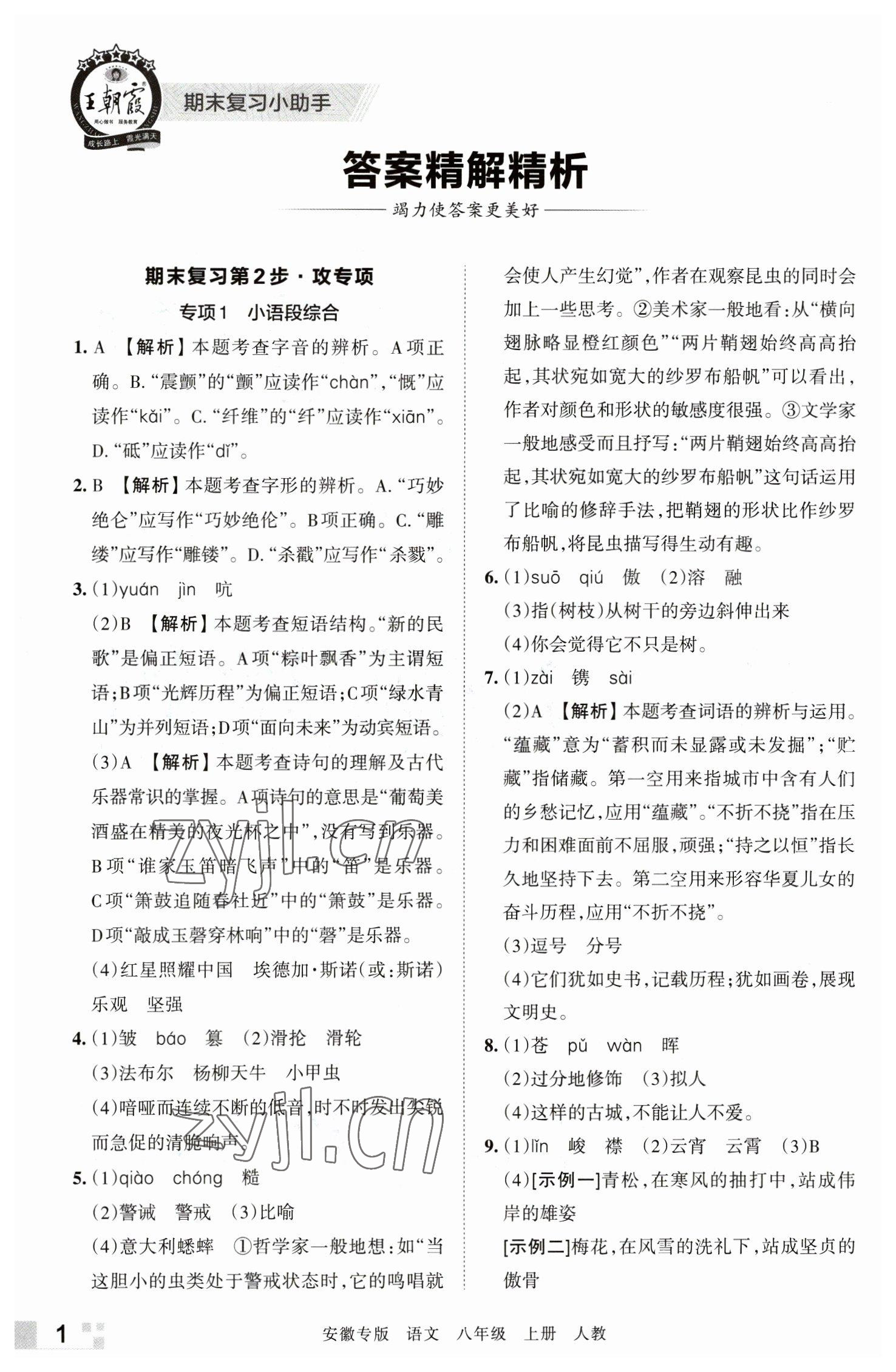 2022年王朝霞各地期末试卷精选八年级语文上册人教版安徽专版 参考答案第1页