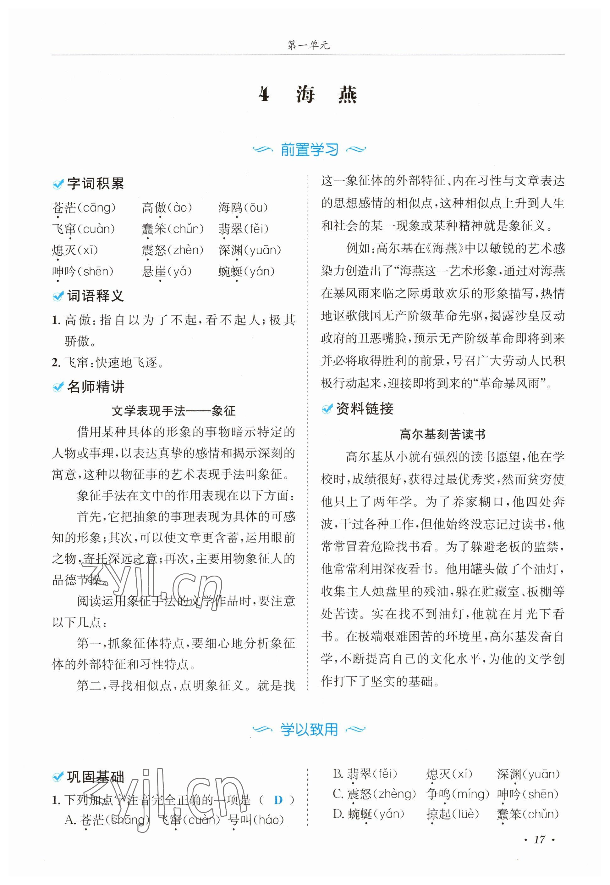 2023年蓉城学霸九年级语文下册人教版 参考答案第17页