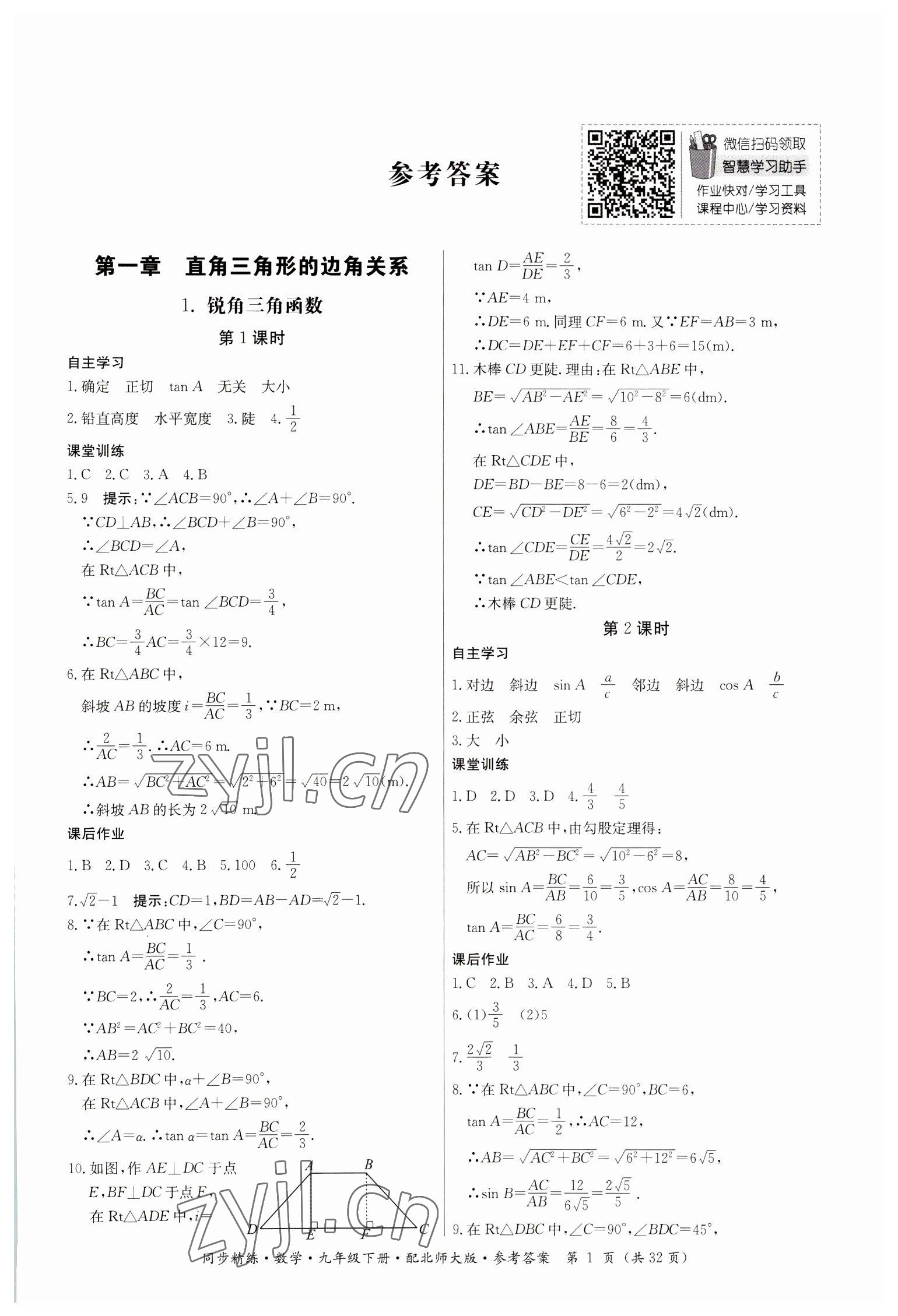 2023年同步精练广东人民出版社九年级数学下册北师大版 参考答案第1页