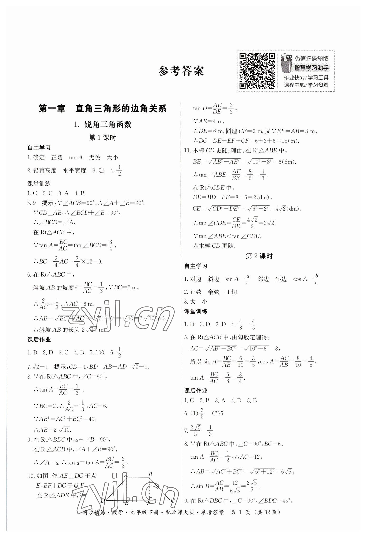 2023年同步精練廣東人民出版社九年級(jí)數(shù)學(xué)下冊(cè)北師大版 參考答案第1頁