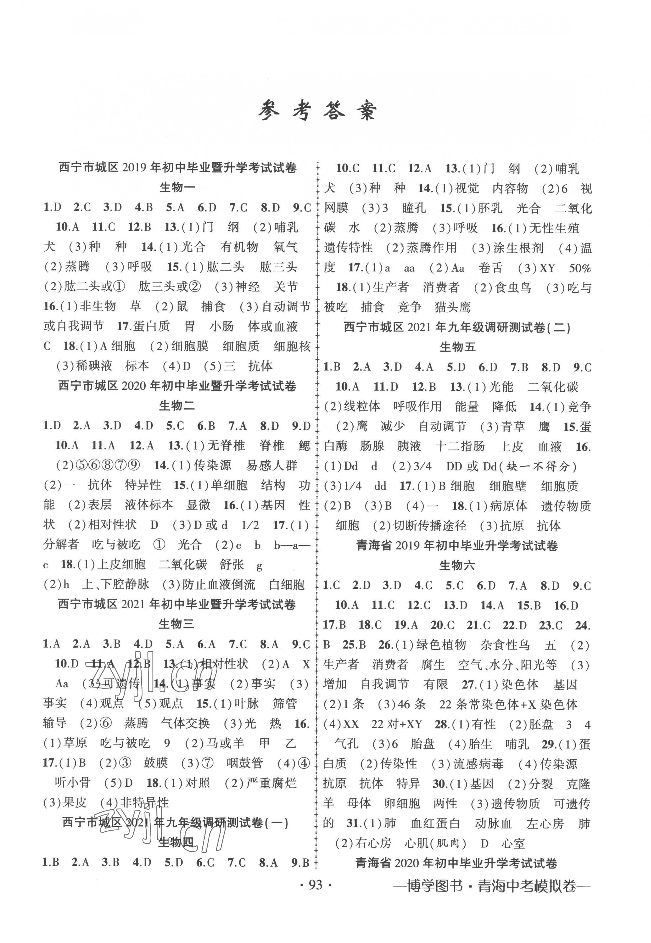 2023年青海省金榜名卷初中学业水平测试卷生物 第1页