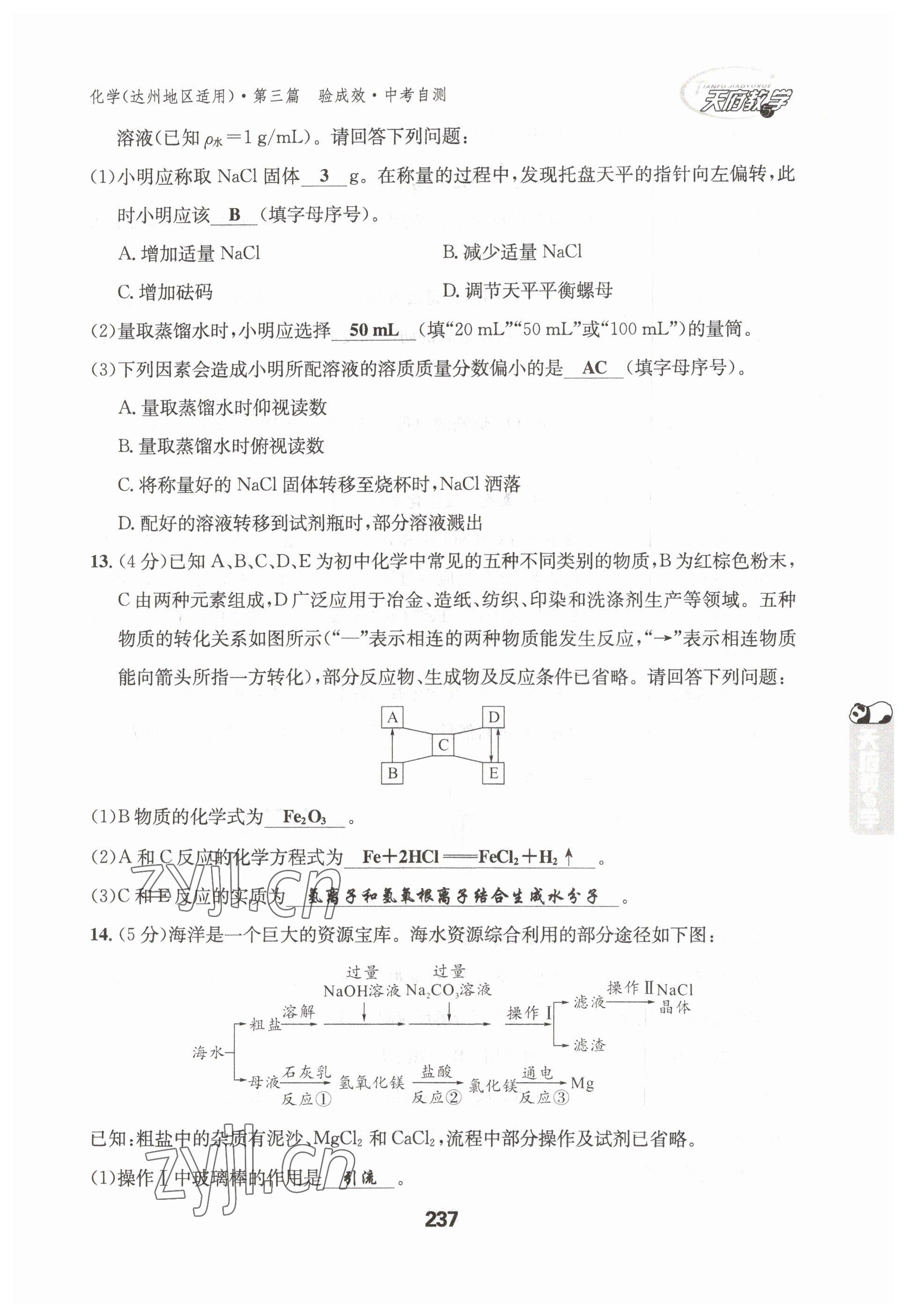 2023年天府教与学中考复习与训练化学达州专版 参考答案第12页