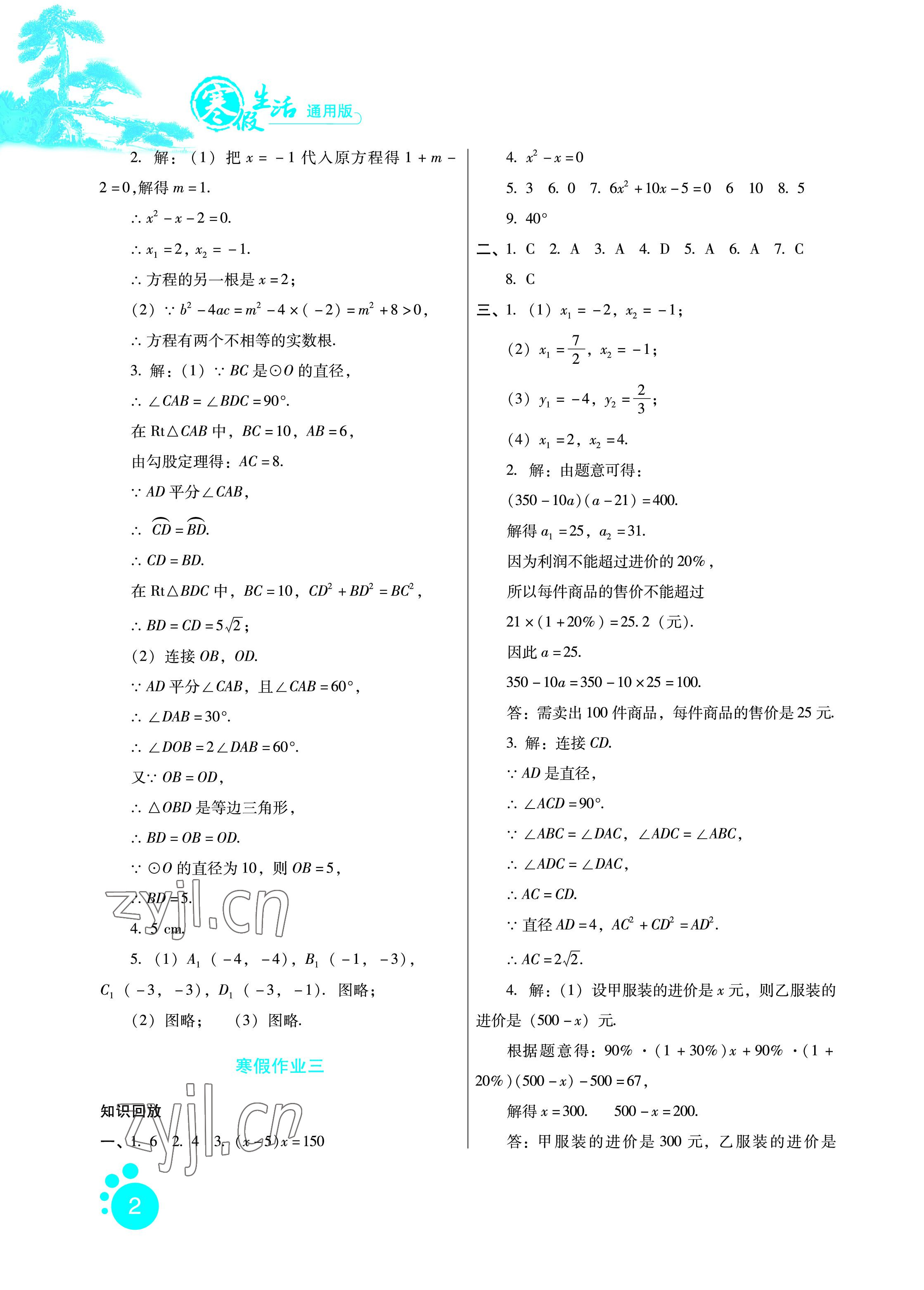 2023年寒假生活九年級數(shù)學(xué)通用版河北少年兒童出版社 參考答案第2頁