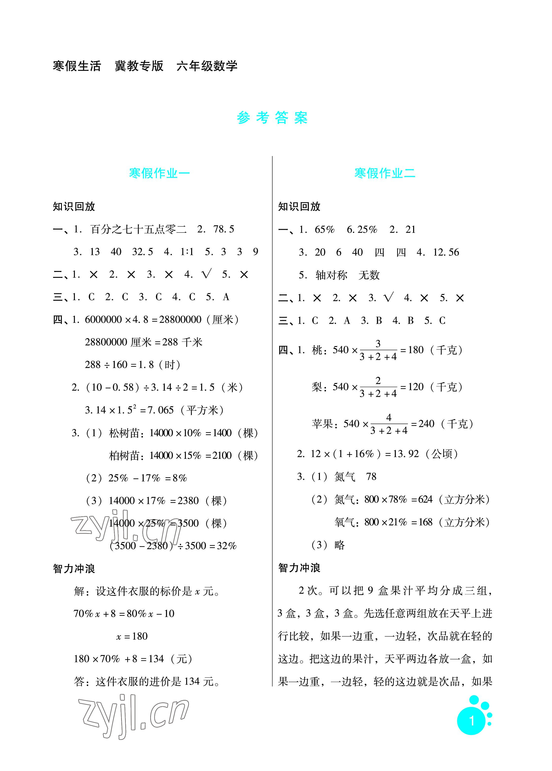 2023年寒假生活六年级数学冀教版河北人民出版社 参考答案第1页