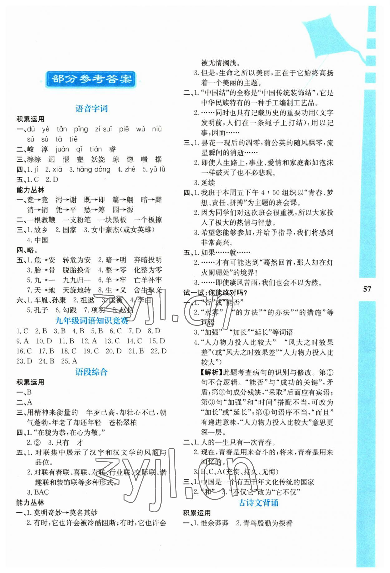 2023年寒假作业与生活陕西人民教育出版社九年级语文A版 第1页