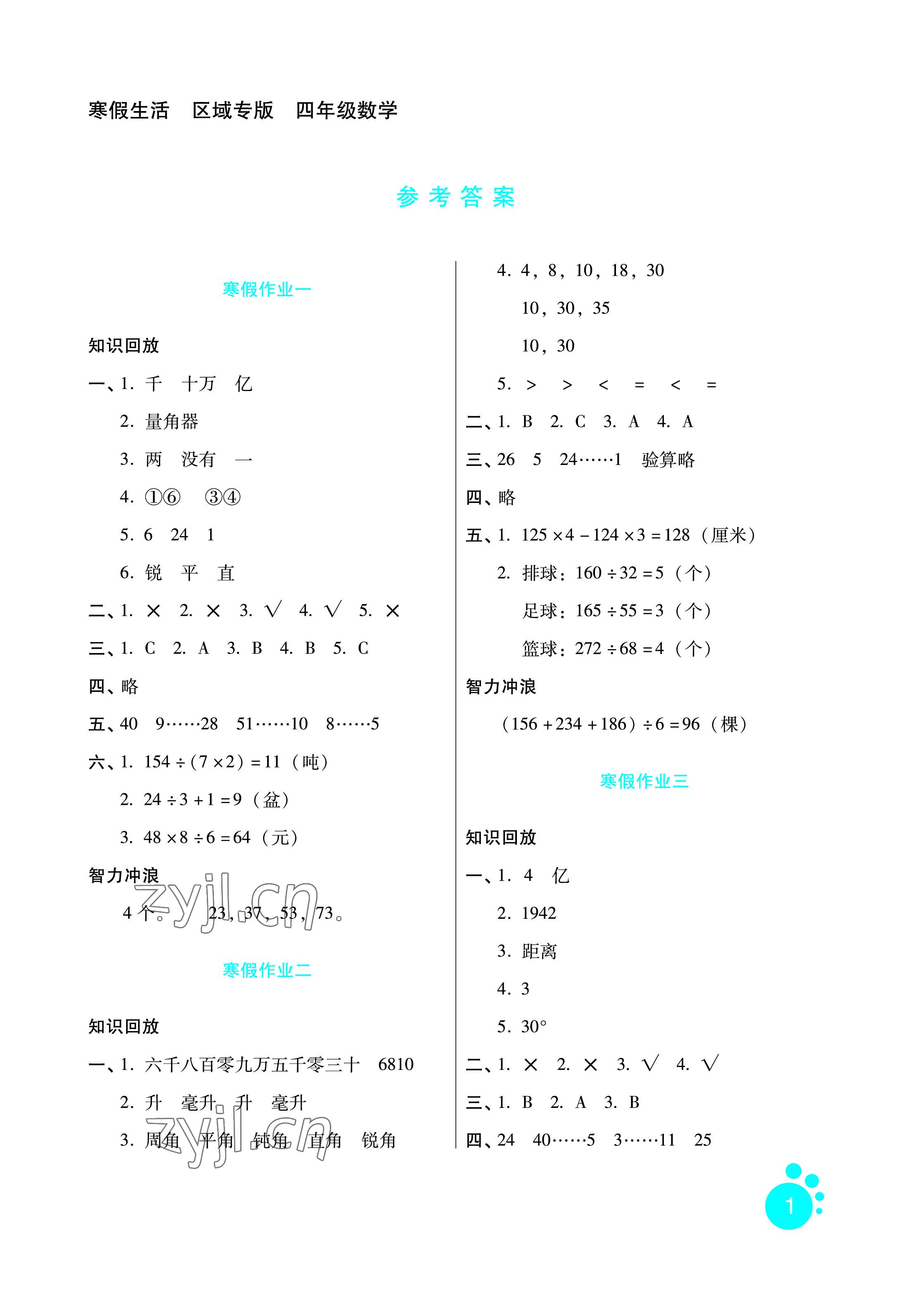 2023年寒假生活四年級數(shù)學區(qū)域專版河北人民出版社 參考答案第1頁