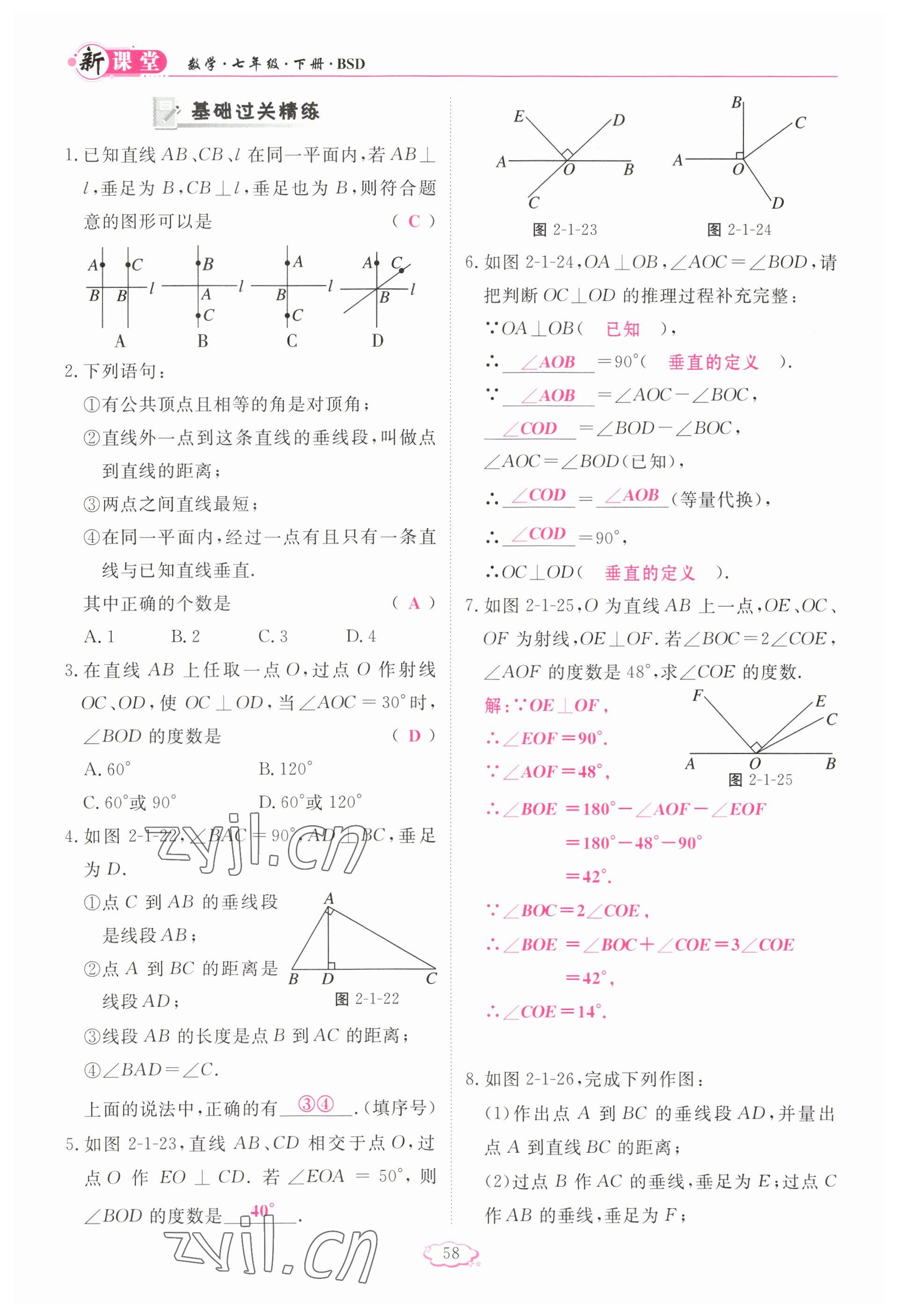 2023年启航新课堂七年级数学下册北师大版 参考答案第58页