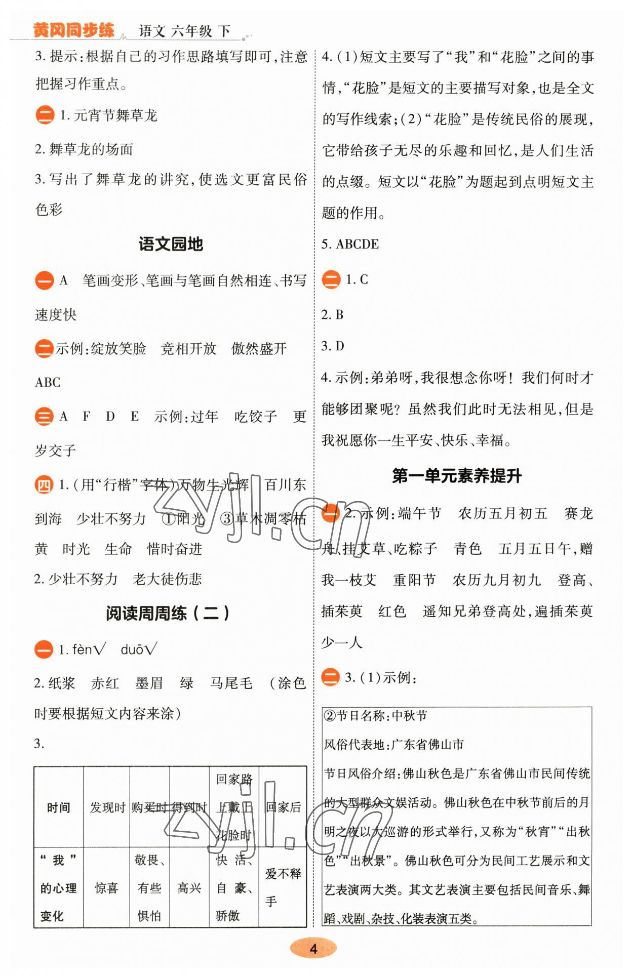 2023年黃岡同步練一日一練六年級語文下冊人教版 參考答案第4頁