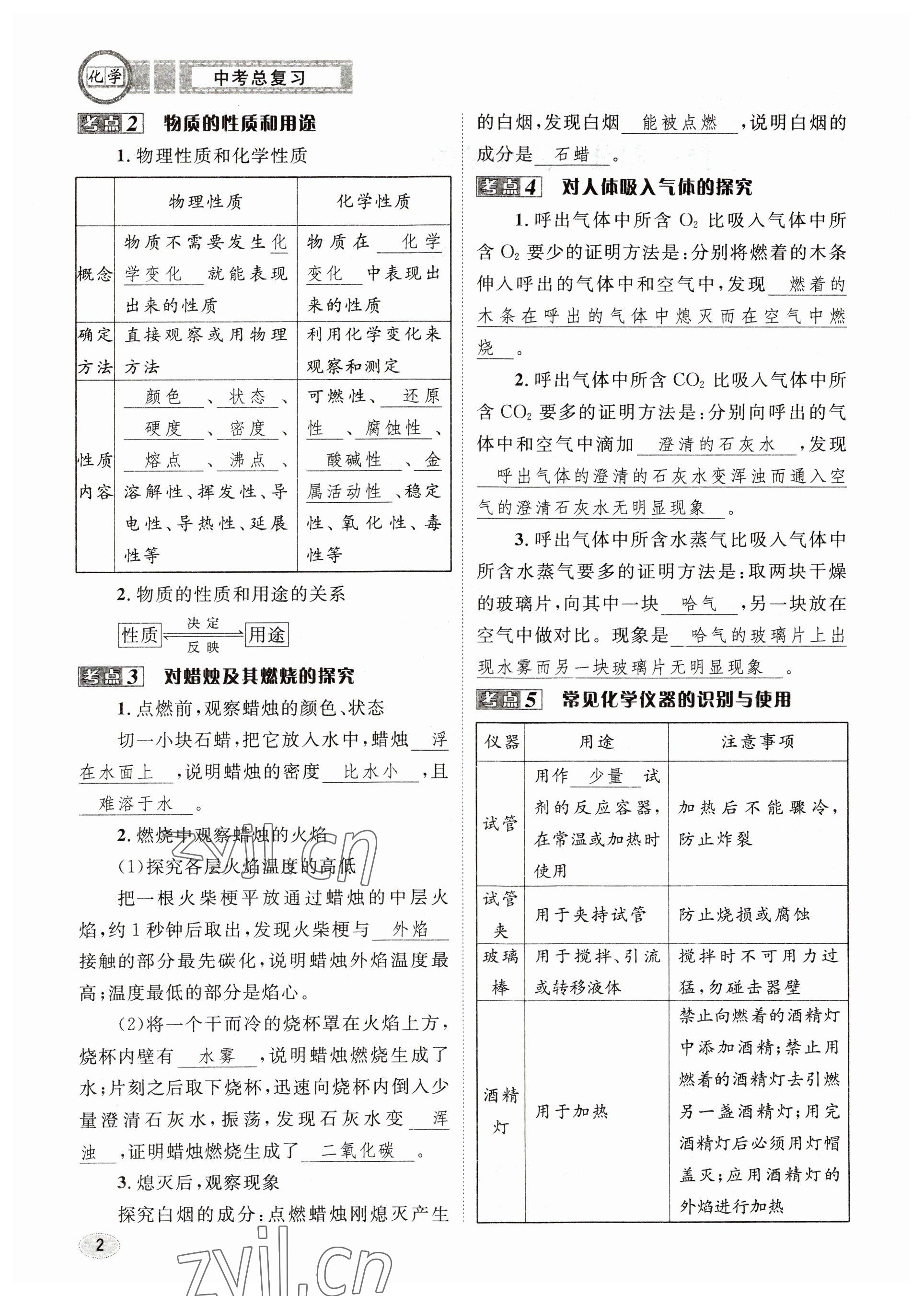 2023年中考总复习长江出版社化学 参考答案第2页