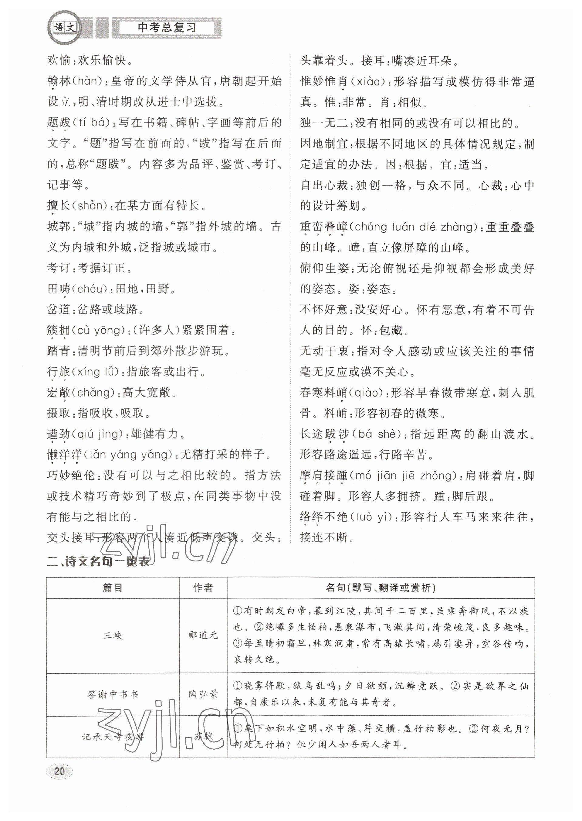 2023年中考總復(fù)習(xí)長江出版社語文 參考答案第20頁