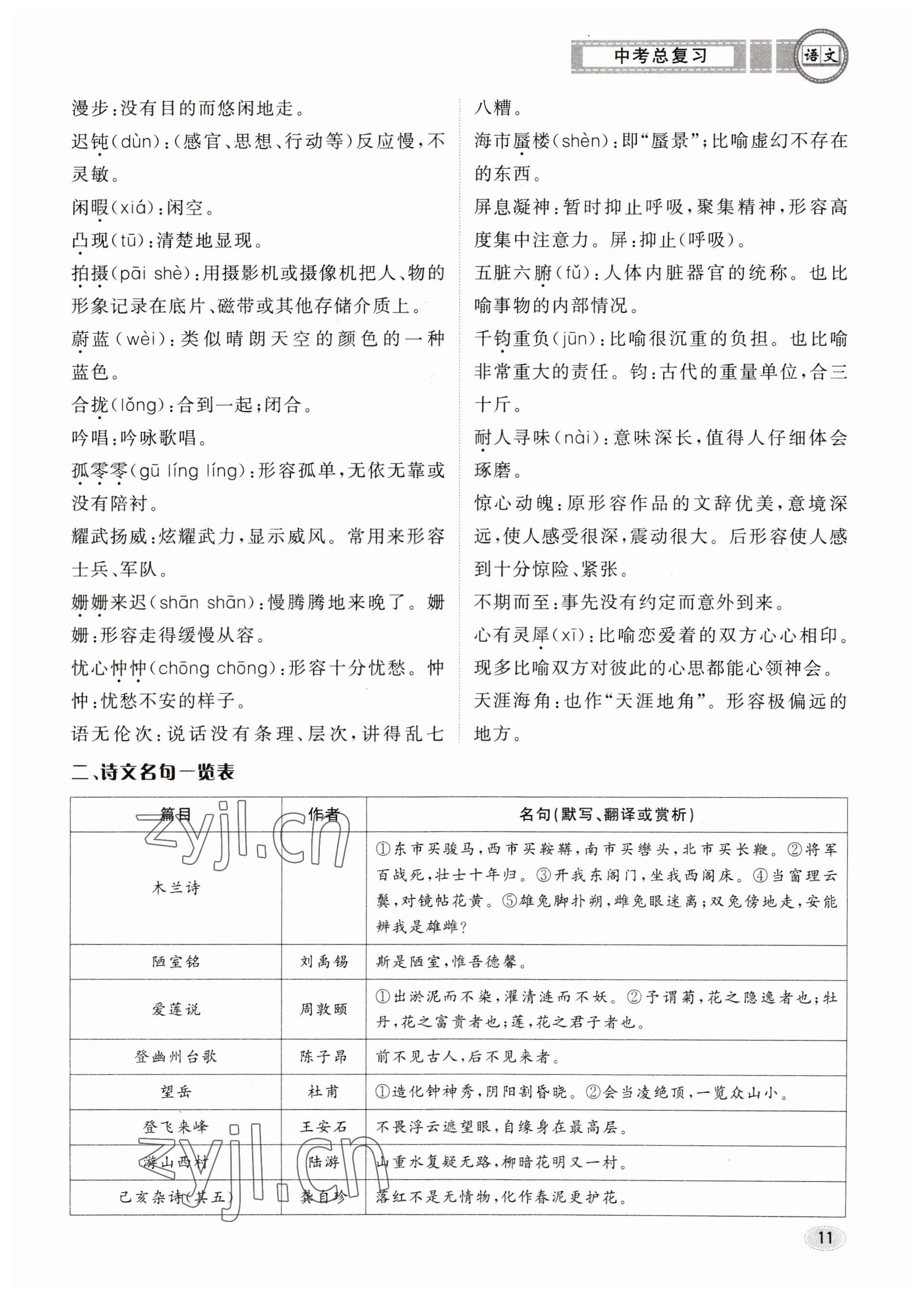 2023年中考總復(fù)習(xí)長江出版社語文 參考答案第11頁