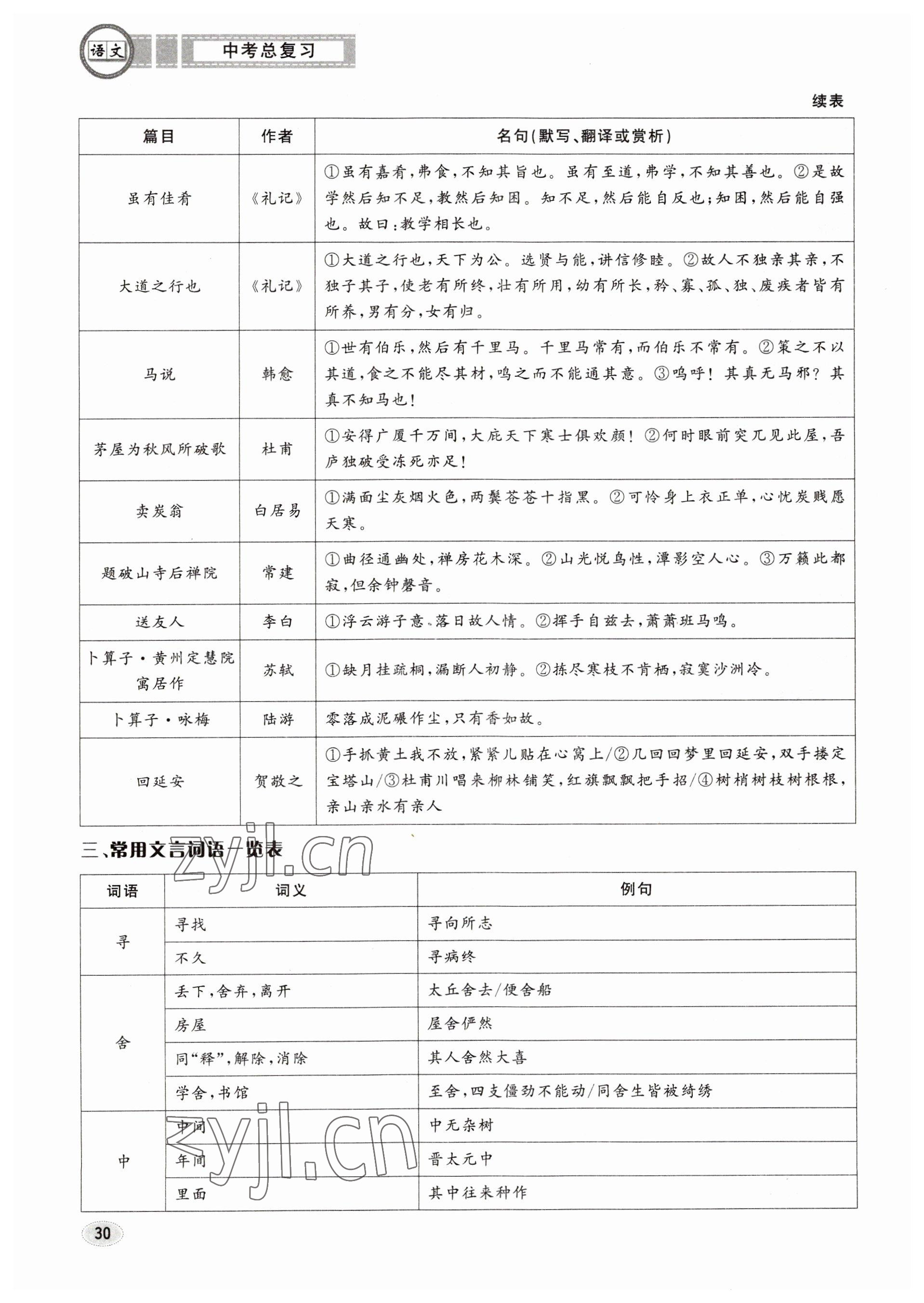 2023年中考總復(fù)習(xí)長江出版社語文 參考答案第30頁