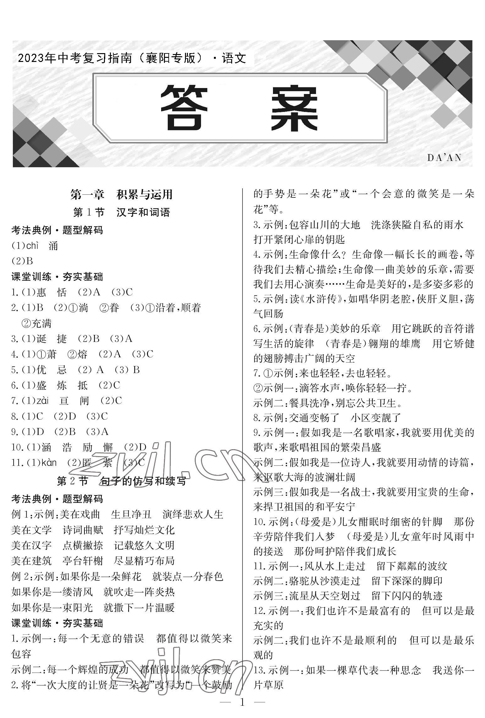 2023年中考復(fù)習(xí)指南長(zhǎng)江少年兒童出版社語(yǔ)文中考 參考答案第1頁(yè)