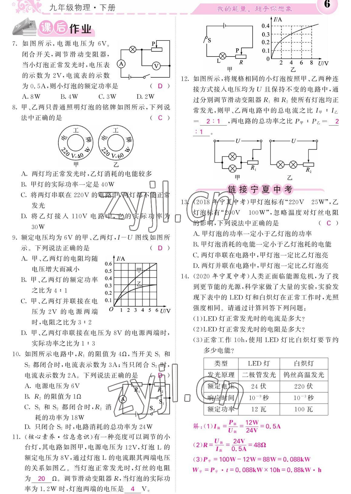 2023年课堂点睛九年级物理下册人教版宁夏专版 参考答案第6页