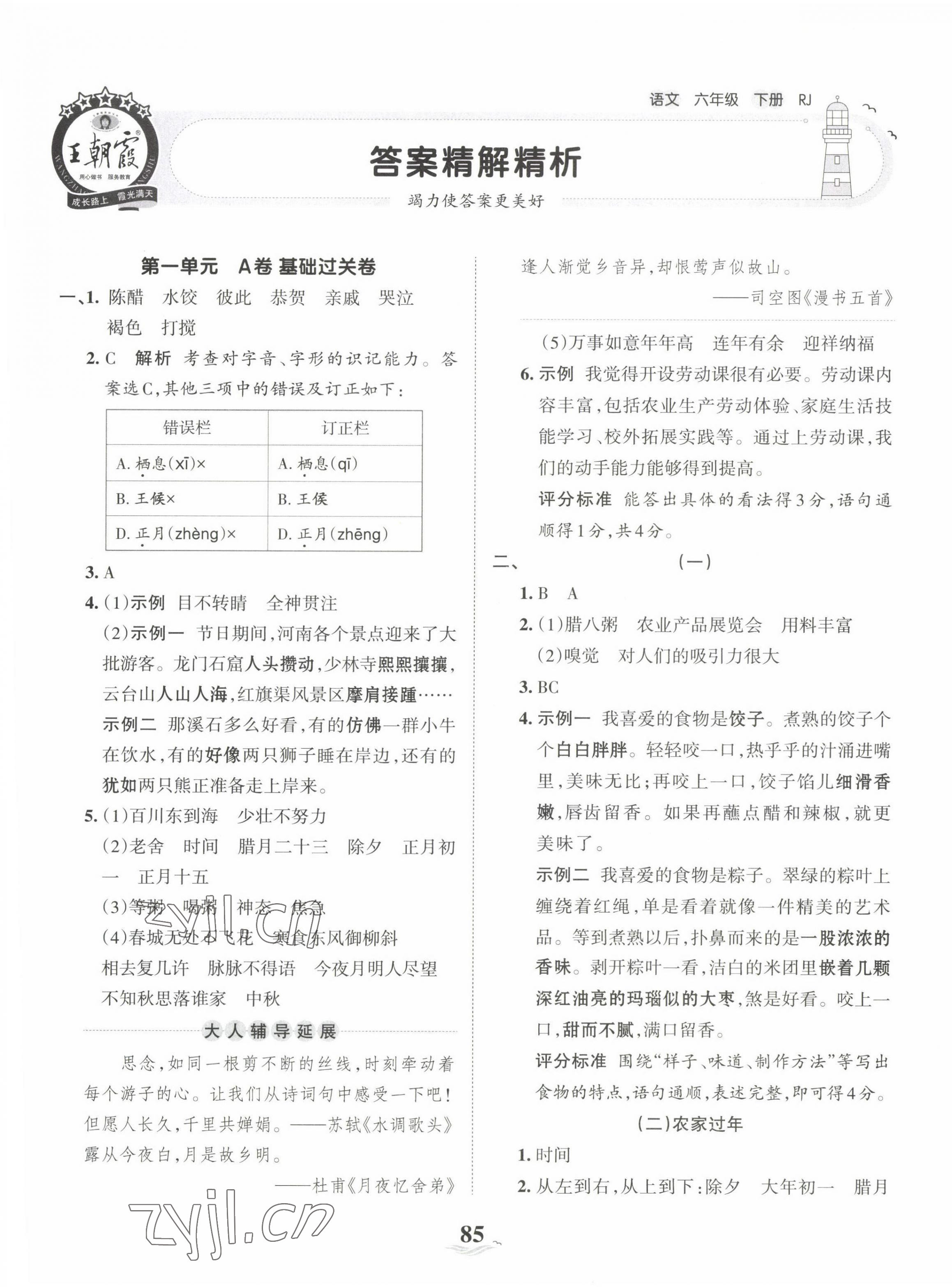 2023年王朝霞培优100分六年级语文下册人教版 第1页