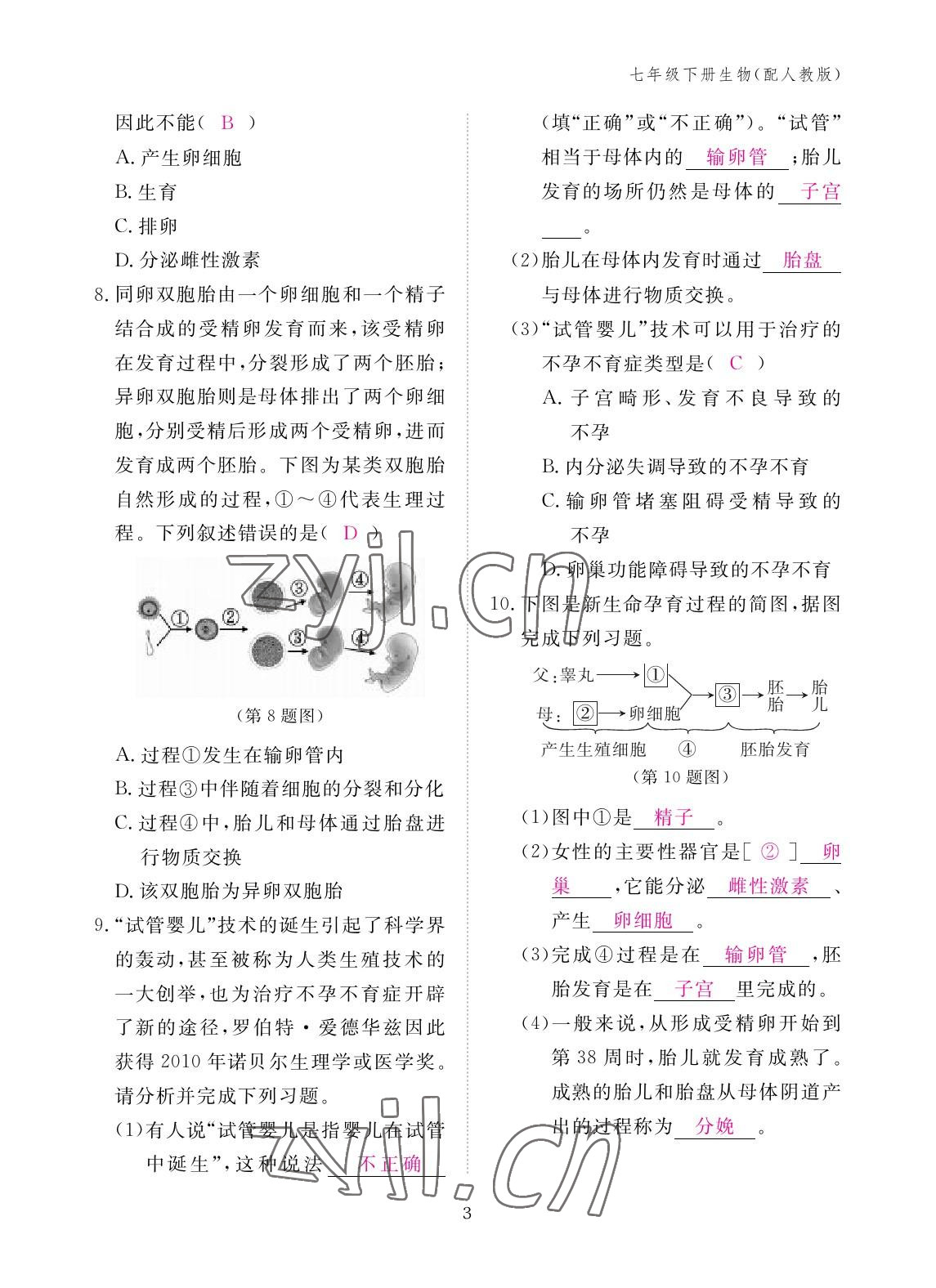 2023年作業(yè)本江西教育出版社七年級(jí)生物下冊(cè)人教版 參考答案第3頁(yè)