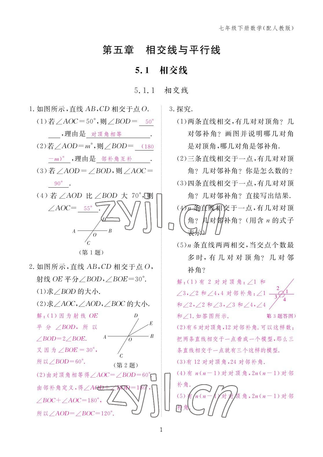 2023年作業(yè)本江西教育出版社七年級數(shù)學(xué)下冊人教版 參考答案第1頁