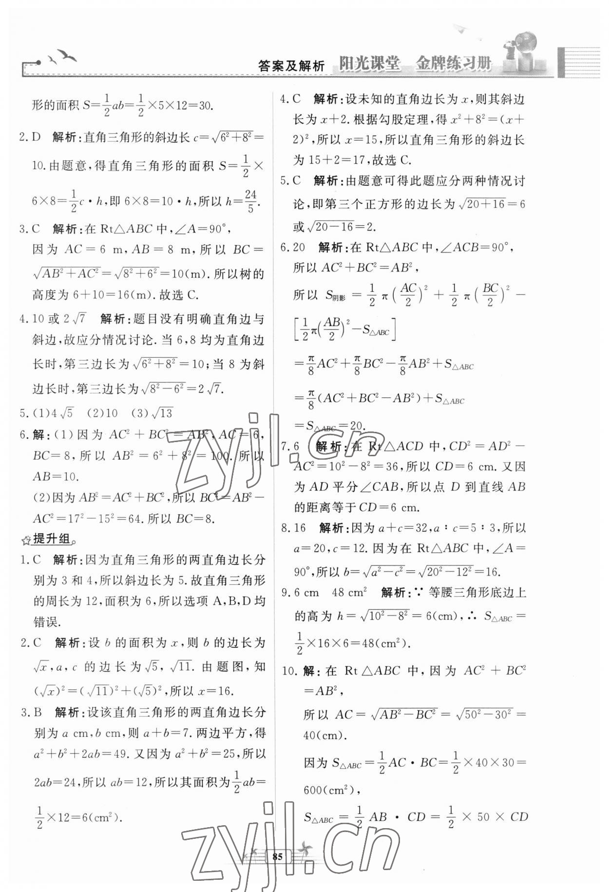 2023年阳光课堂金牌练习册八年级数学下册人教版福建专版 参考答案第7页