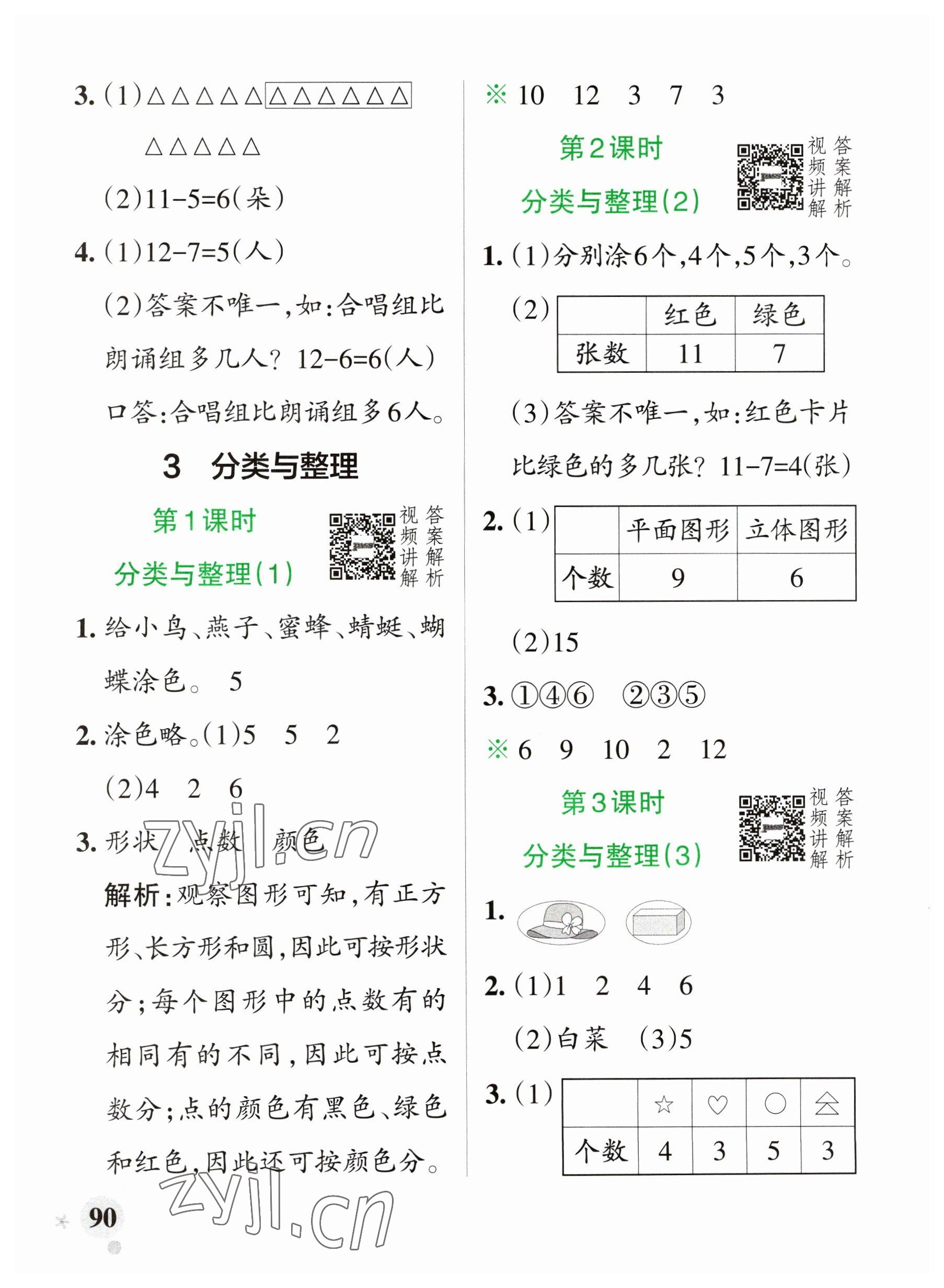 2023年小学学霸作业本一年级数学下册人教版广东专版 参考答案第6页