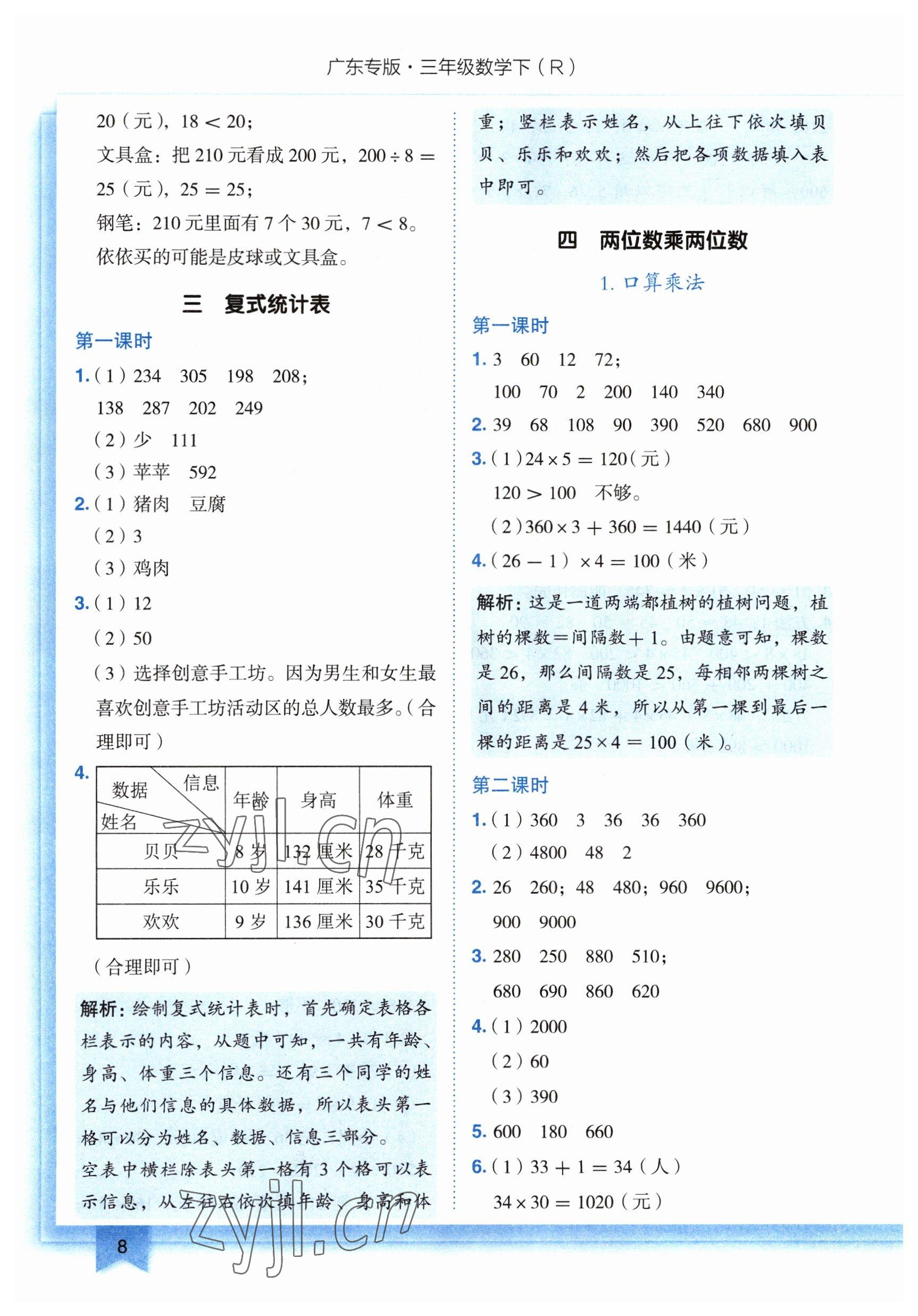 2023年黃岡小狀元作業(yè)本三年級(jí)數(shù)學(xué)下冊(cè)人教版廣東專版 參考答案第8頁(yè)