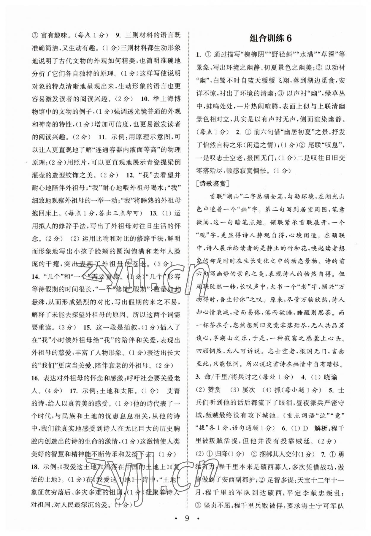 2023年通城学典初中语文阅读组合训练语文南通专版 参考答案第9页