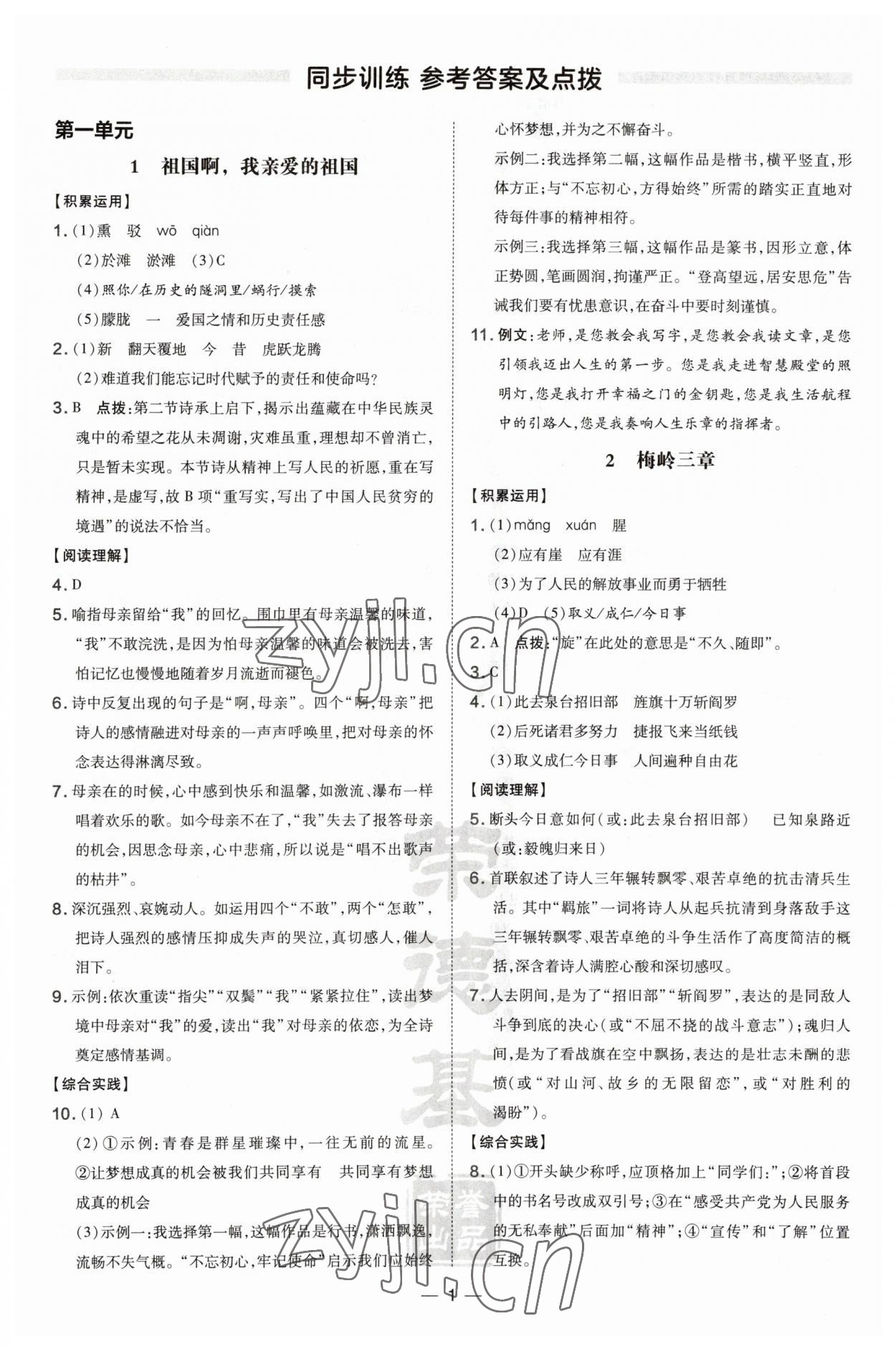 2023年點撥訓(xùn)練九年級語文下冊人教版安徽專版 參考答案第1頁