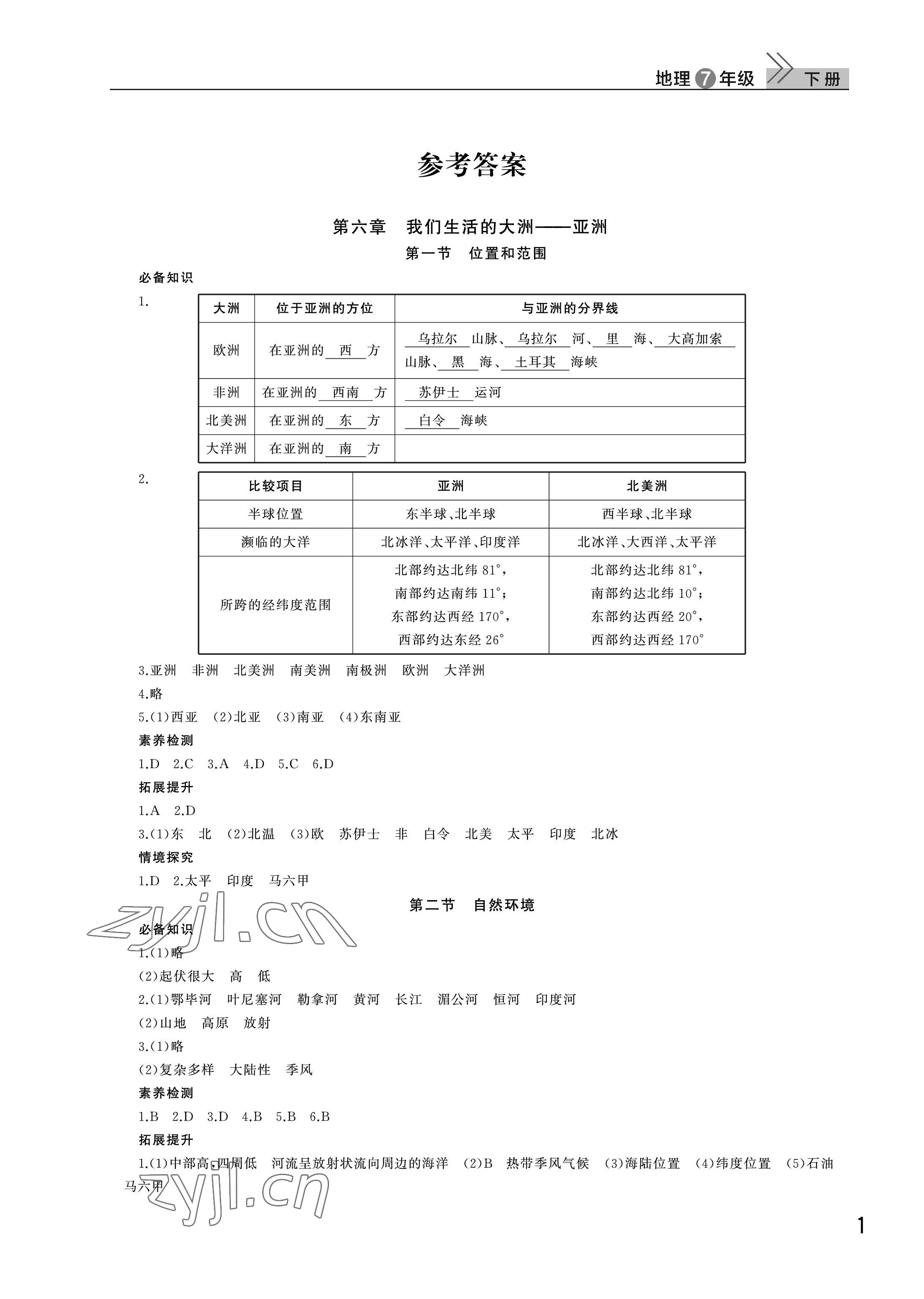 2023年課堂作業(yè)武漢出版社七年級(jí)地理下冊人教版 參考答案第1頁